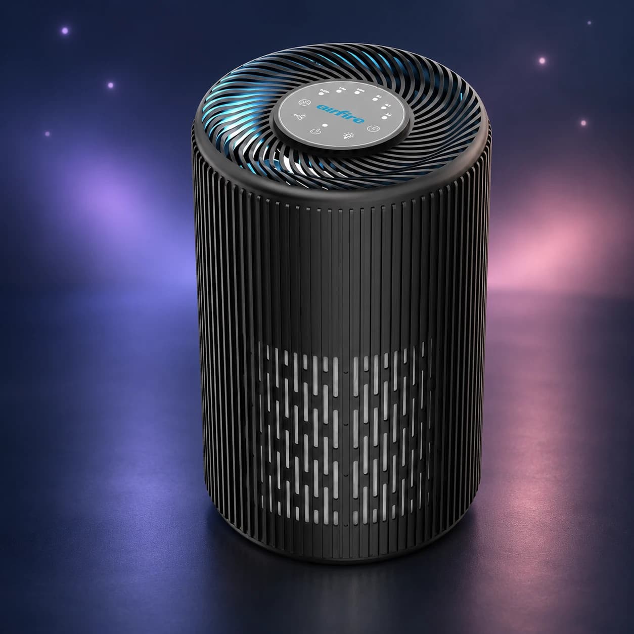 AIRFIRE AP201 air purifier in a navy, lavender and pink setting