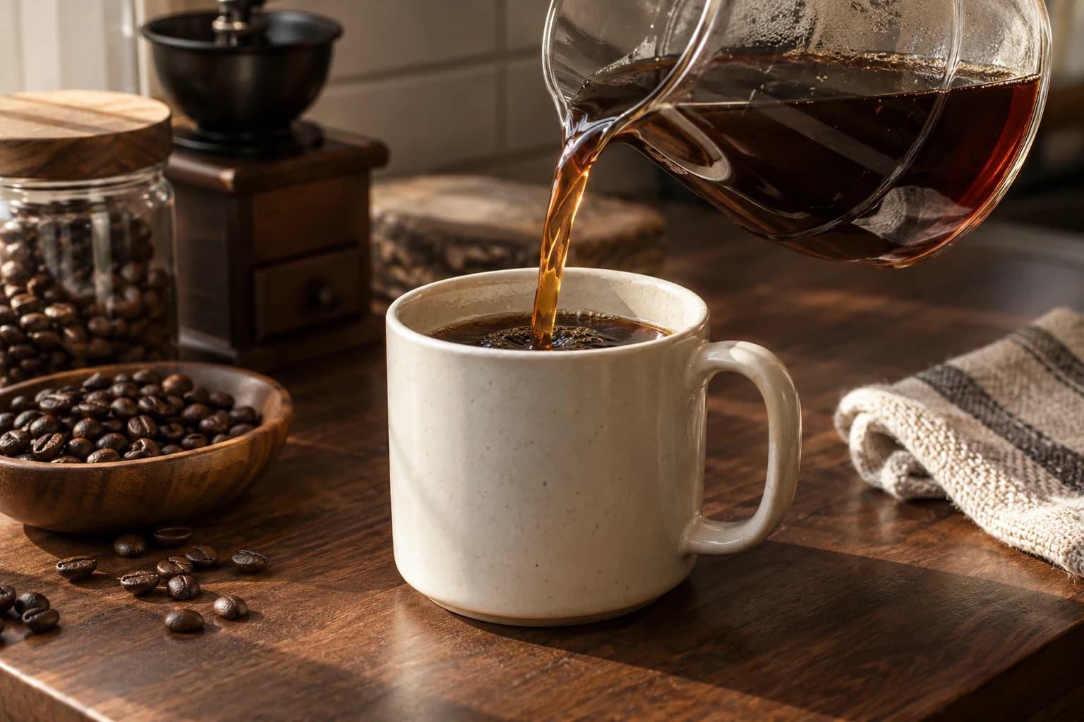 Illustration of amber coffee pouring from a glass server into an ivory ceramic cup