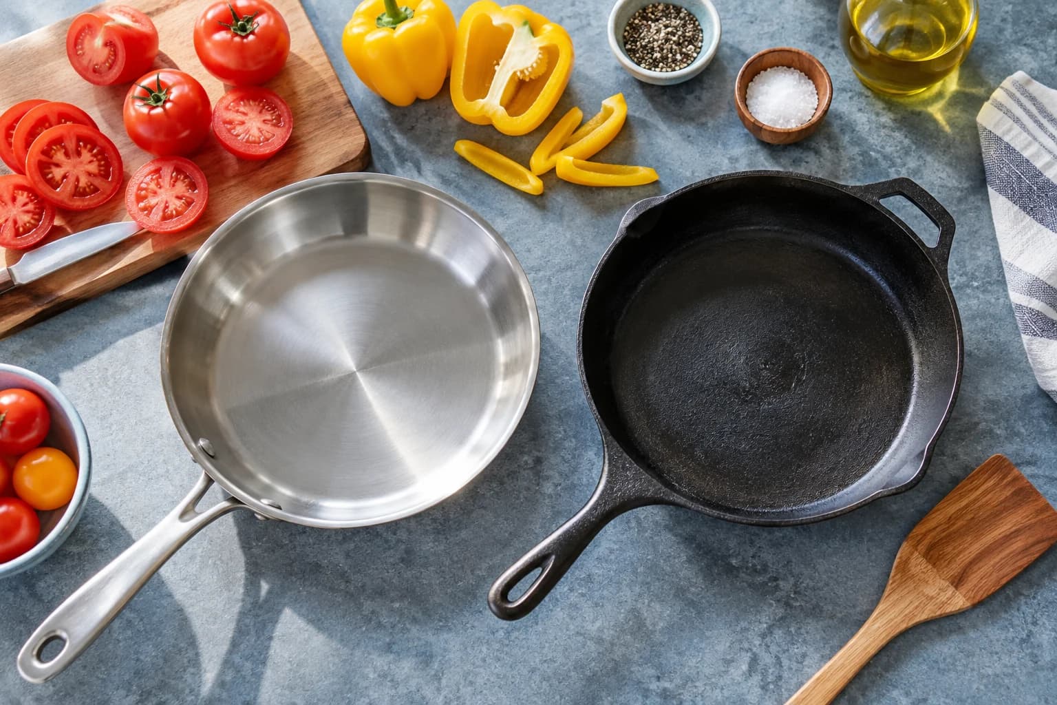 Illustration of stainless-steel and cast-iron pans with red tomatoes and yellow peppers