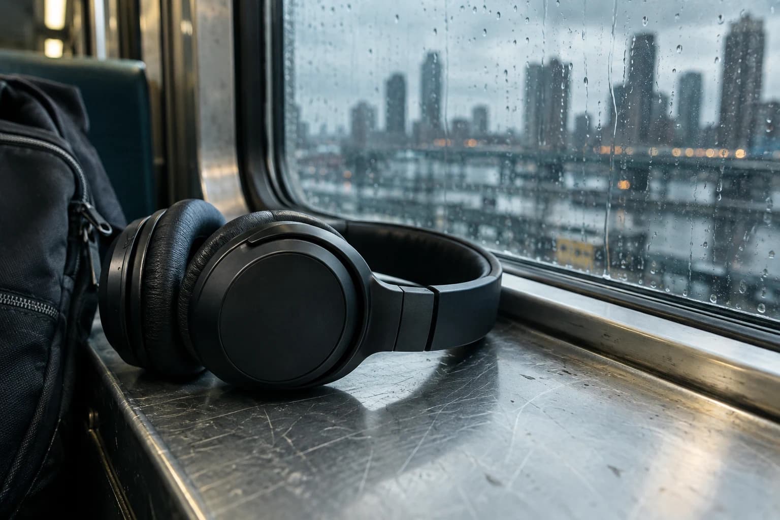 Illustration of black over-ear headphones on a metal ledge beside a rainy train window