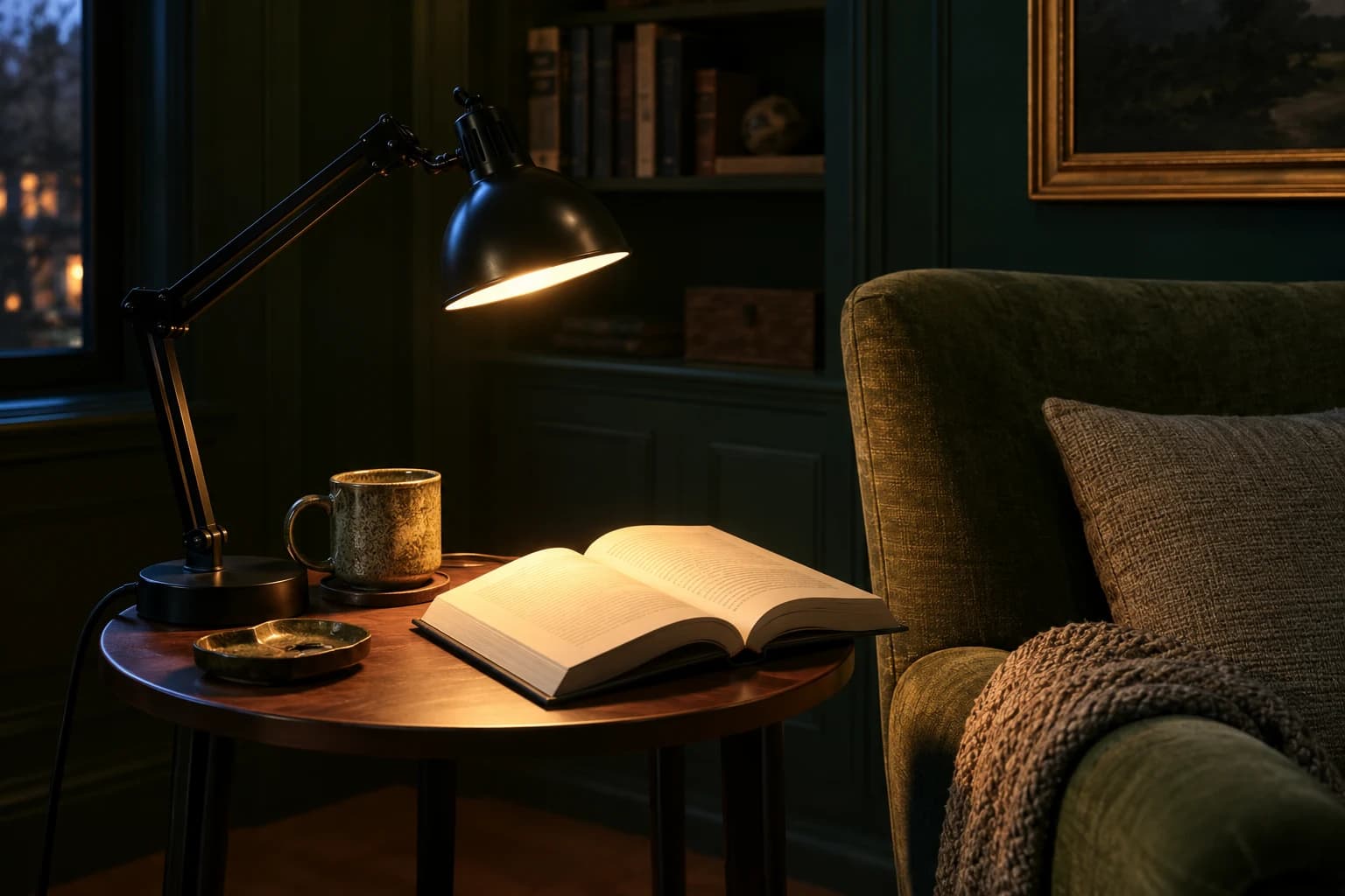 Illustration of a black reading lamp lighting an open book beside an olive-green chair