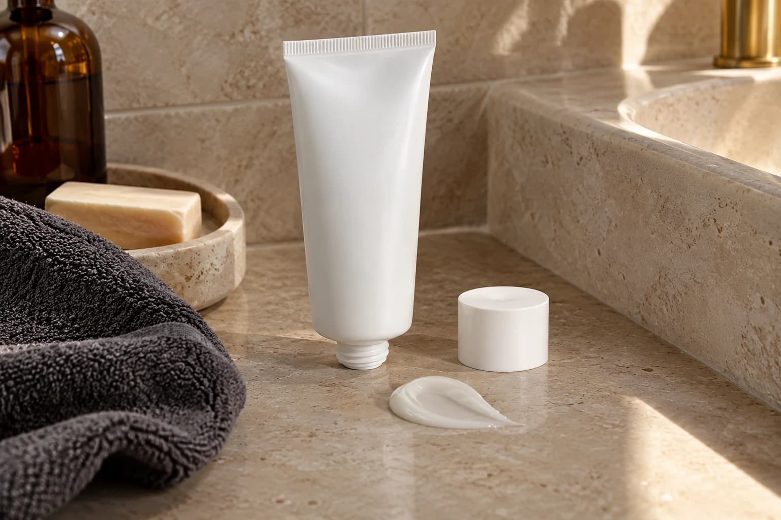 Illustration of an unbranded white moisturizer tube and cream on a limestone bathroom shelf