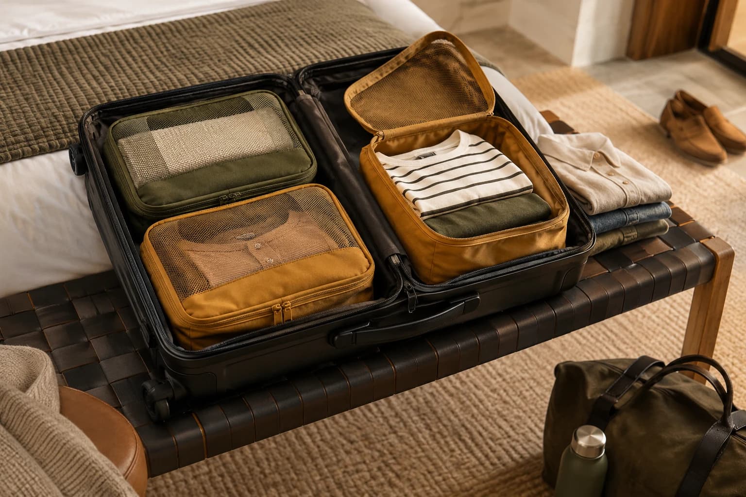 Illustration of an open black suitcase with olive and ochre packing cubes on a hotel bench