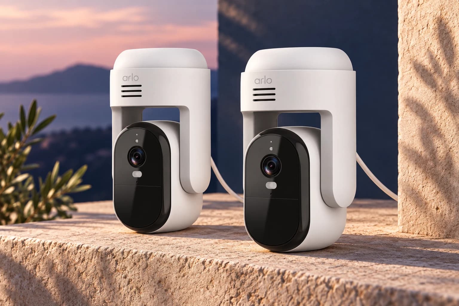 Arlo Essential Outdoor Pan Tilt 2K Cameras, Wired / white / two-camera pack, in an FPC setting