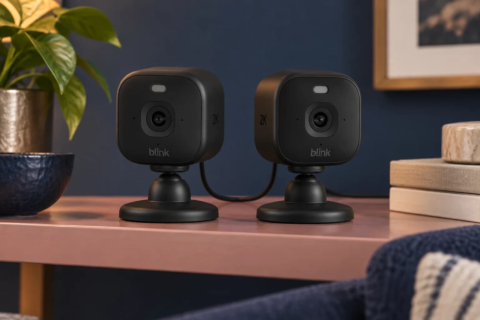 Blink Mini 2K+ Indoor Cameras, Black / two cameras / plug-in, in an FPC setting