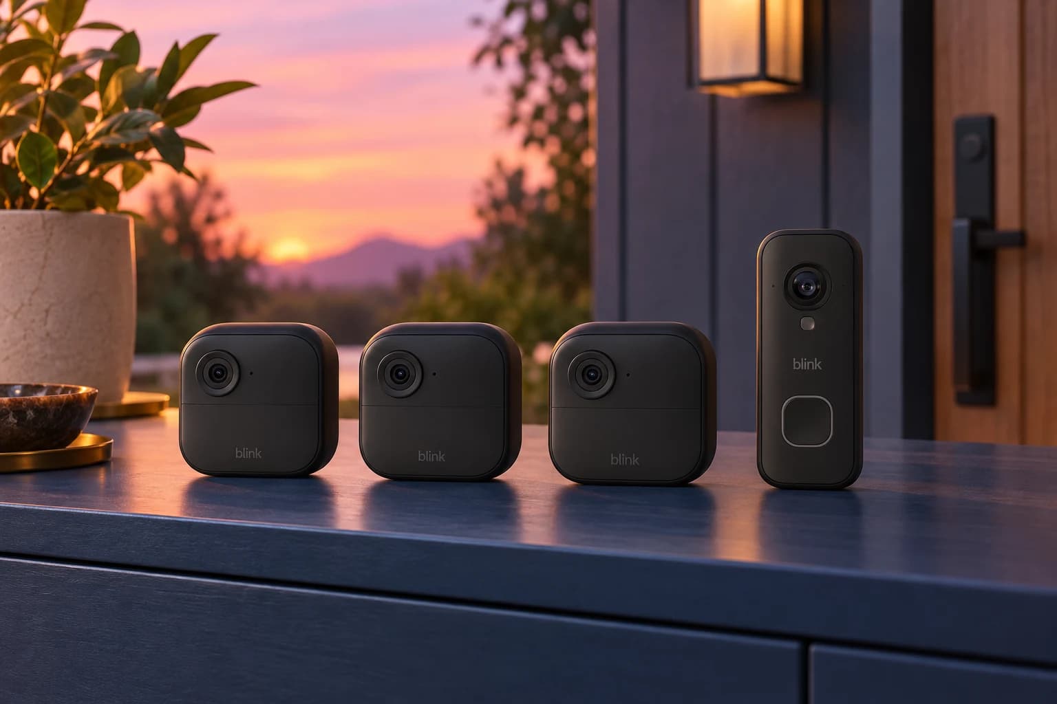 Blink Outdoor 4 and Wired Doorbell 2K+ Bundle, Black / three Outdoor 4 cameras plus doorbell / Sync Module Core, in an FPC setting