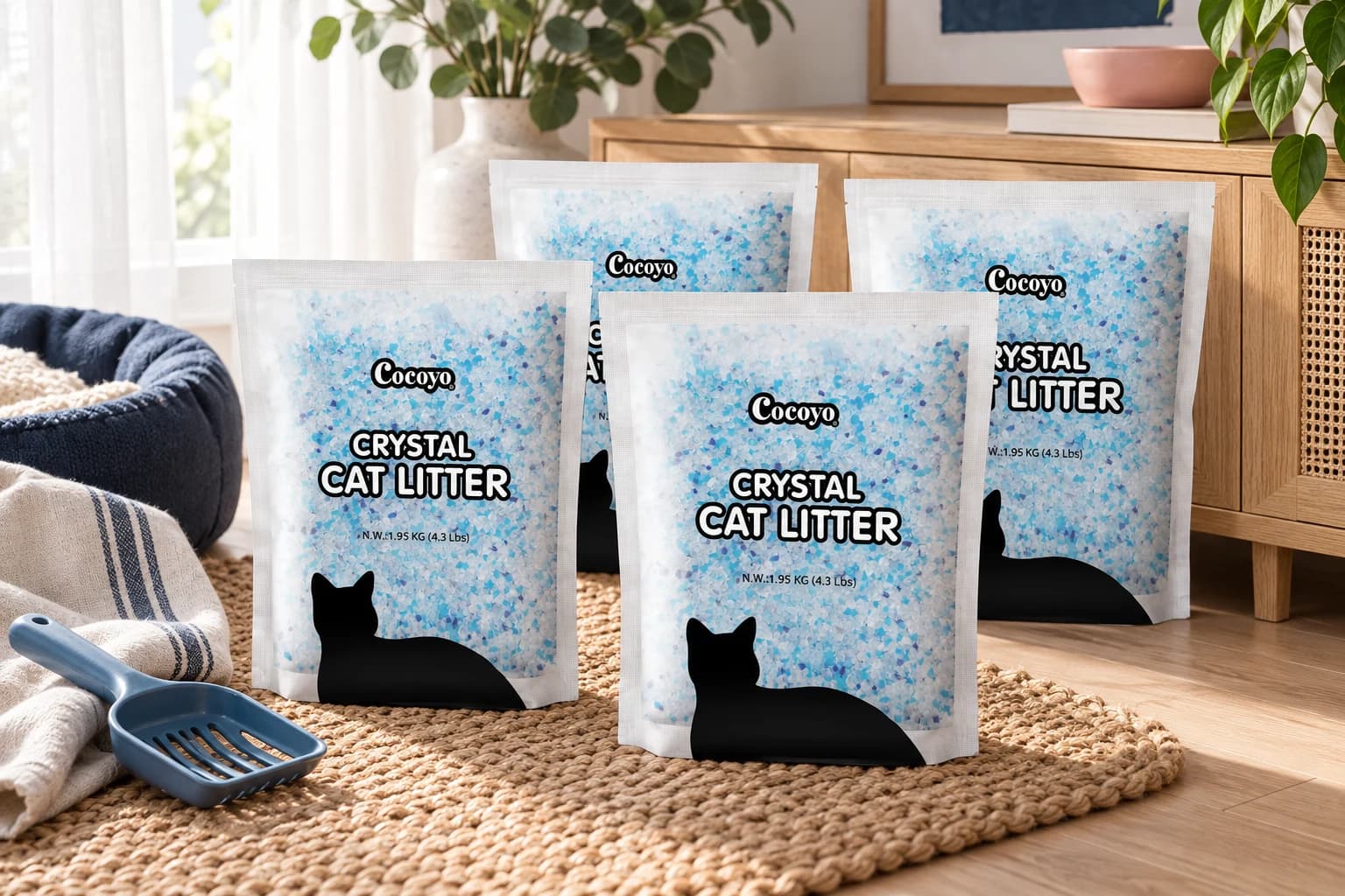 COCOYO Lavender-Scented Crystal Cat Litter, Lavender / four 4.3lb bags / 17.2lb total, in an FPC setting