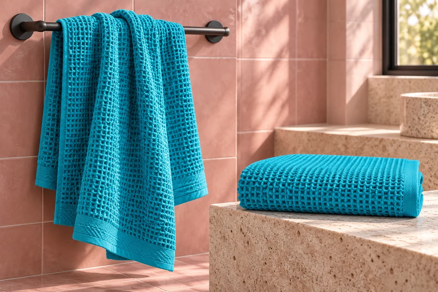 GILDEN TREE Classic Waffle Bath Towels, Aqua / classic weave / set of two, in an FPC setting