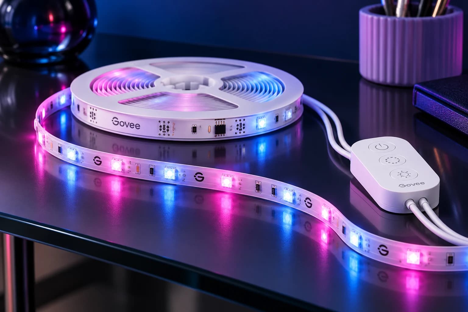 Govee 32.8ft RGBIC LED Strip Lights, 32.8ft / Bluetooth app control / indoor, in an FPC setting
