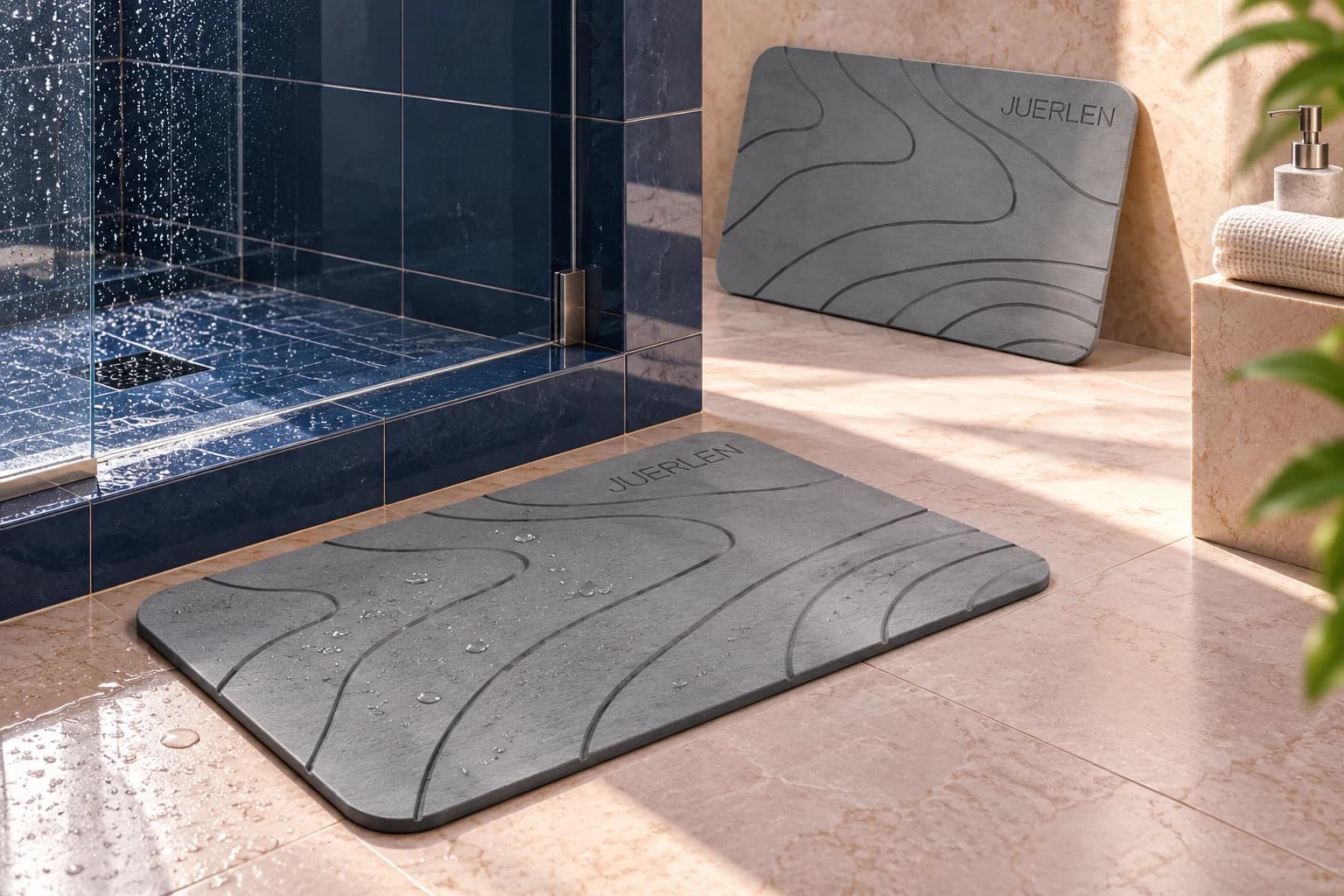 JUERLEN Diatomaceous Earth Bath Mats, Gray wave design / two hard mats / nominal 24 × 16 inches, in an FPC setting