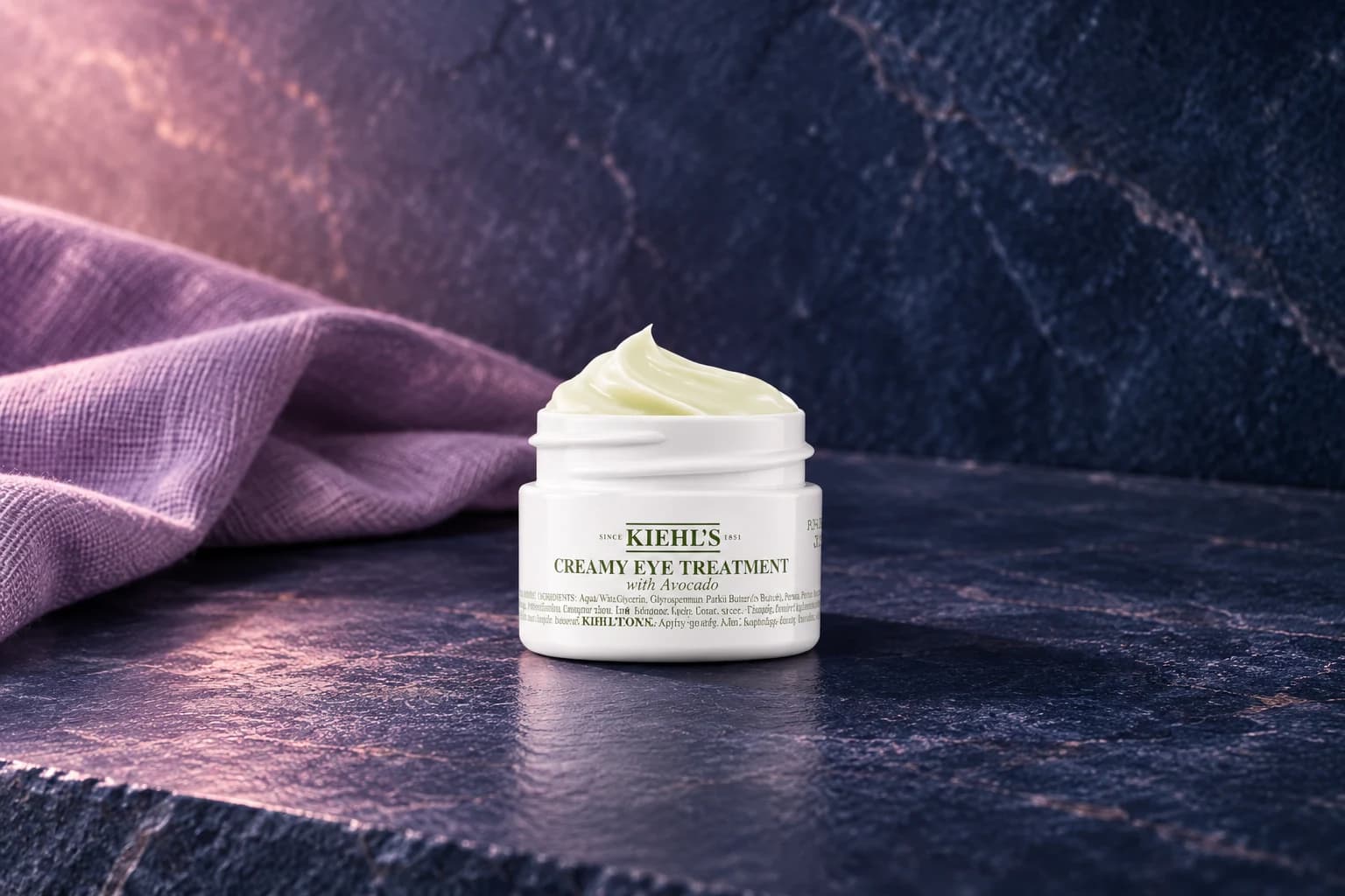 Kiehl's Creamy Eye Treatment with Avocado, White jar / pale green cream, in an FPC setting