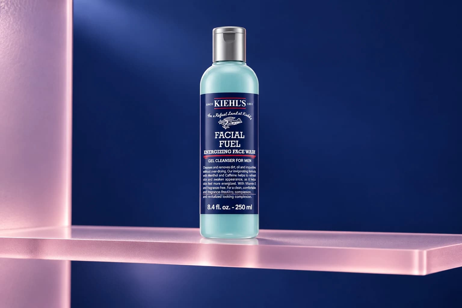 Kiehl's Facial Fuel Energizing Face Wash, 250ml / blue bottle with silver cap, in an FPC setting