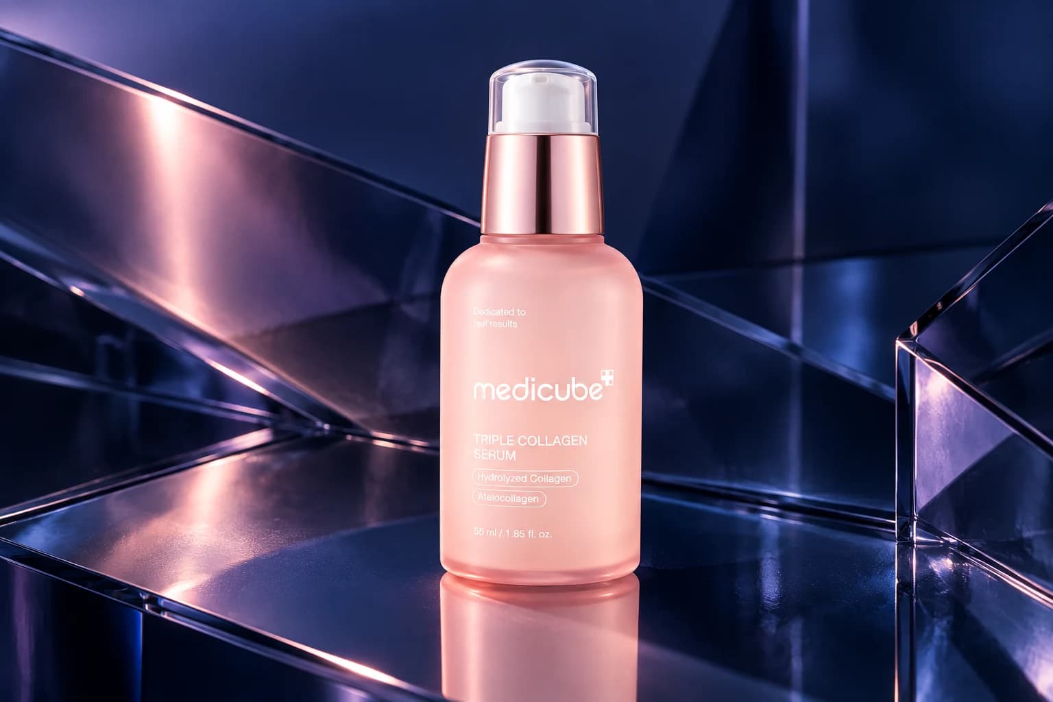 medicube Triple Collagen Serum, 55ml / pink pump bottle, in an FPC setting