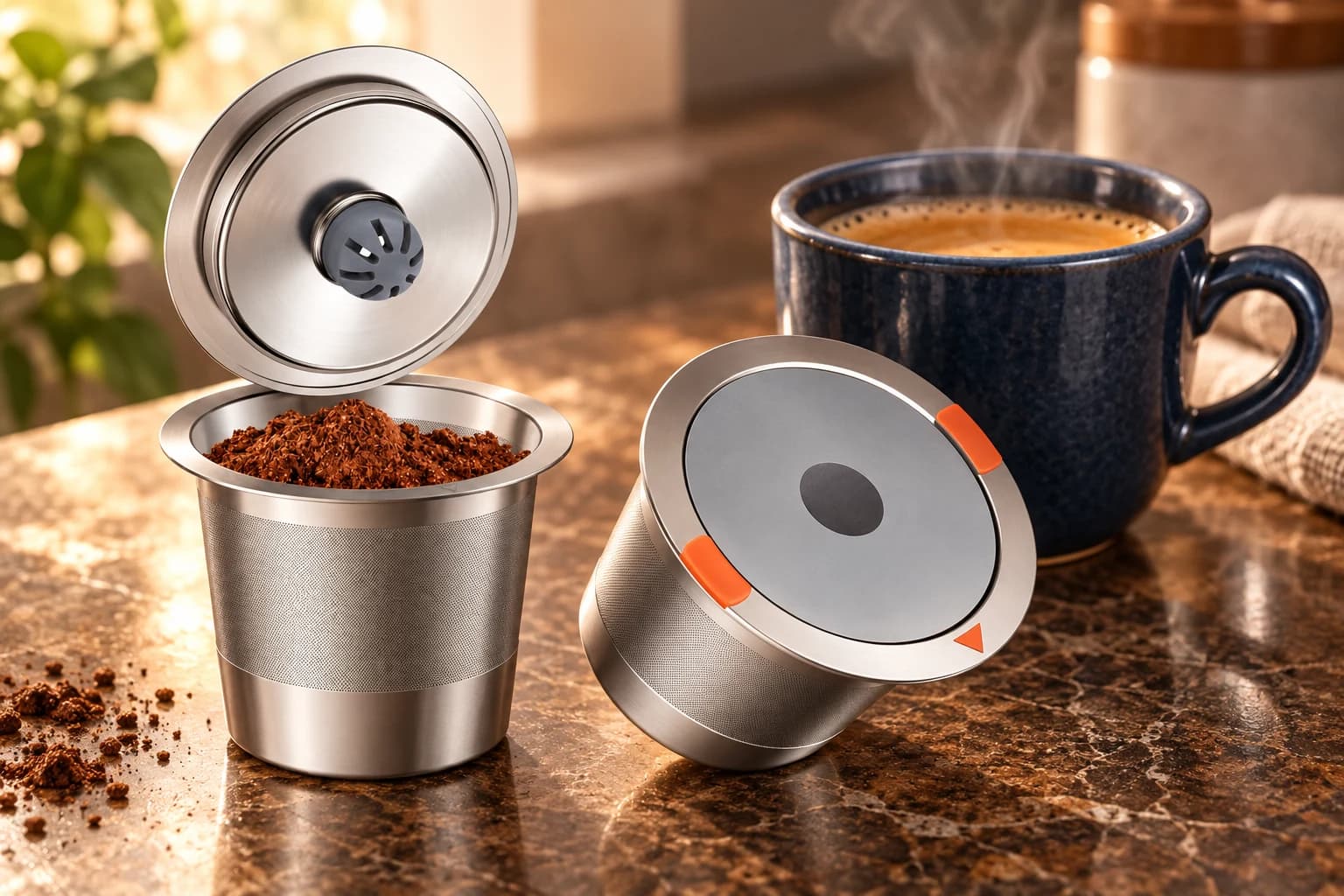 NOALTO Stainless Steel Reusable Coffee Pods, Two stainless steel reusable capsules, in an FPC setting