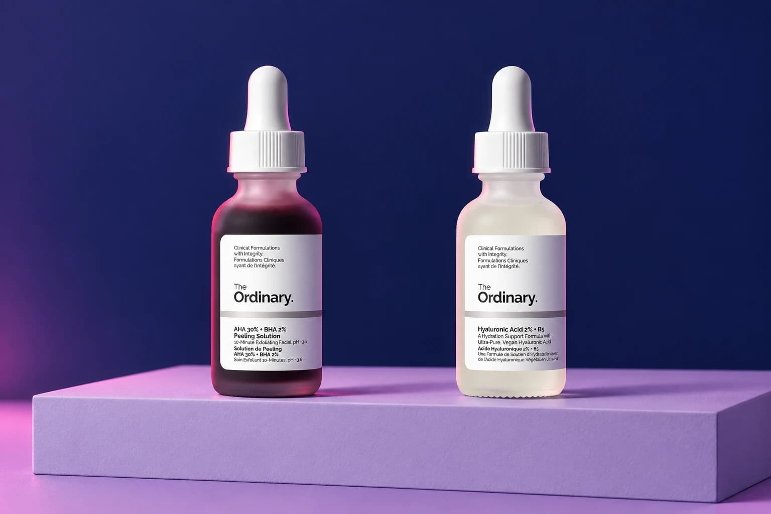The Ordinary AHA 30% + BHA 2% Peeling Solution listing, Peeling Solution / pictured two-bottle offer, in an FPC setting