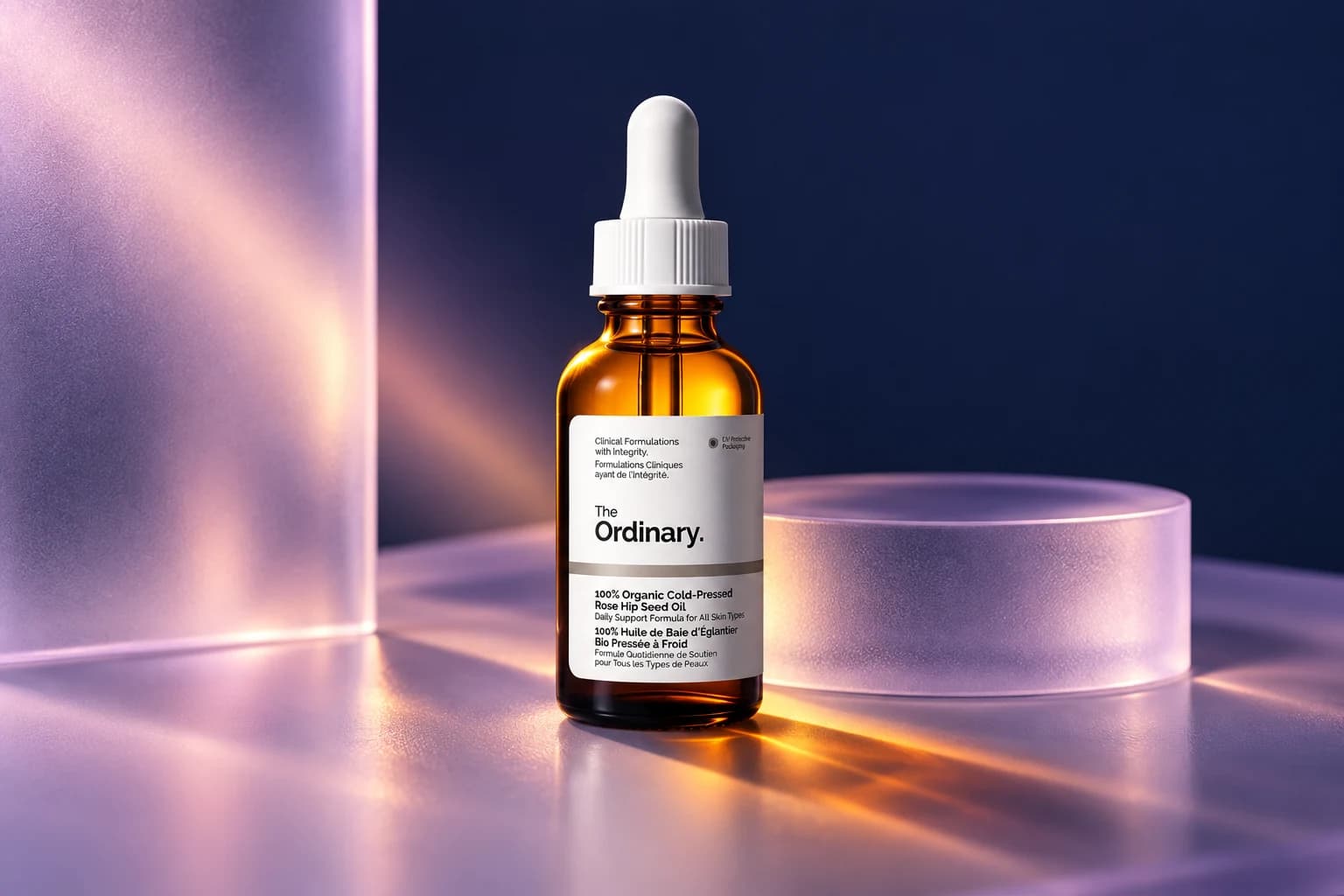 The Ordinary 100% Organic Cold-Pressed Rose Hip Seed Oil, 1 fl oz / amber dropper bottle, in an FPC setting