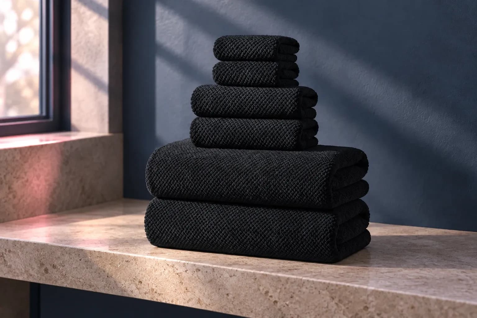 REDKISS six-piece bath towel set, Black / microfiber coral fleece, in an FPC setting