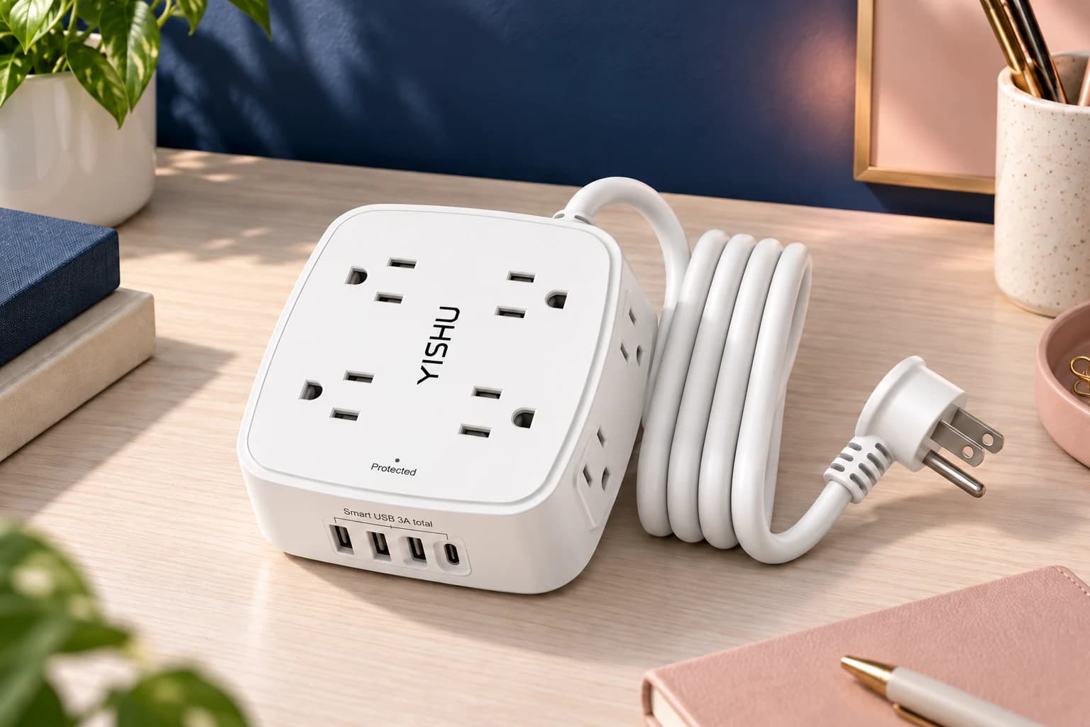 YISHU Eight-Outlet USB Power Strip, White / 6ft cord / eight AC and four USB ports, in an FPC setting