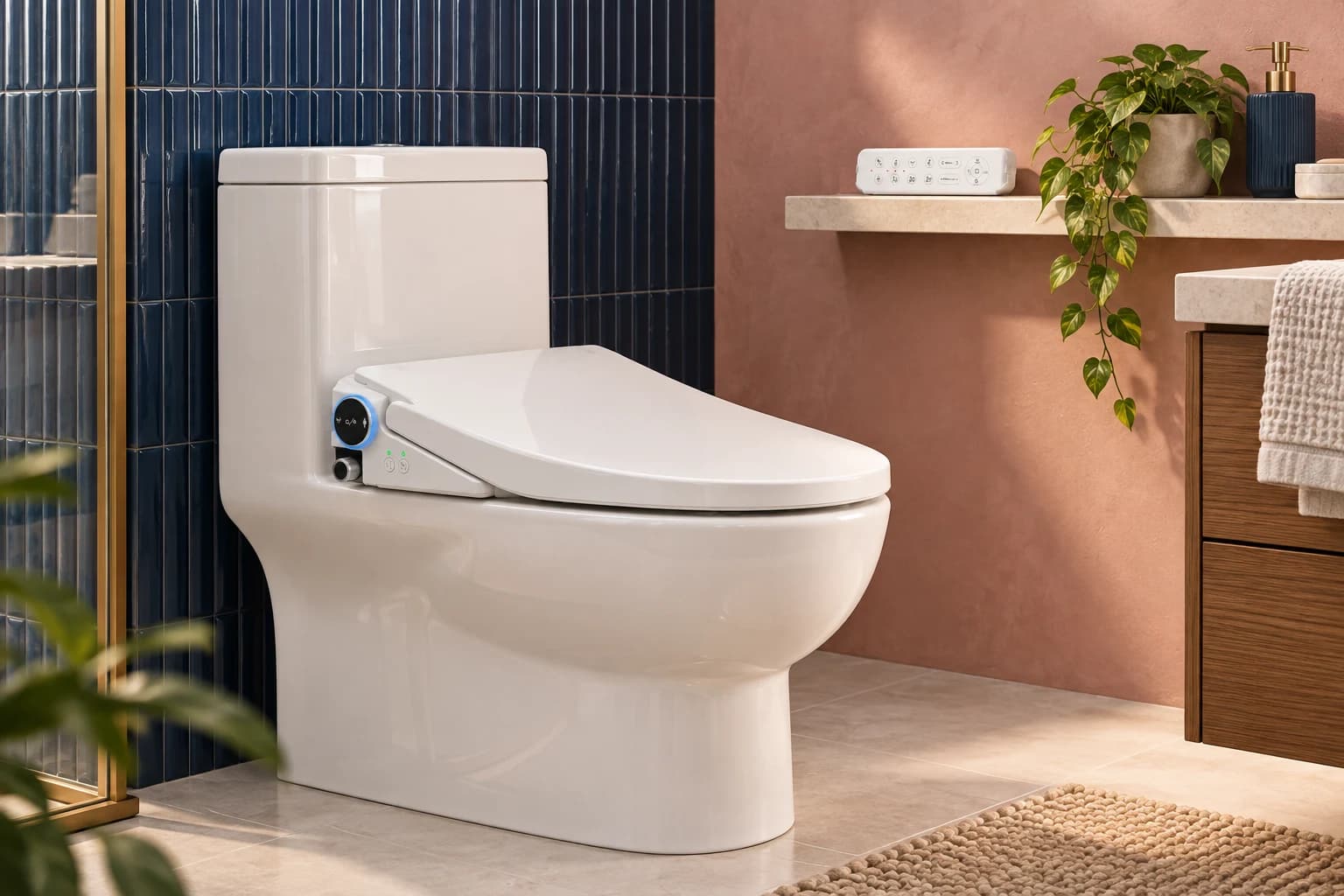 Sosh Elongated Electric Bidet Toilet Seat, White / elongated / remote and automatic lid, in an FPC setting