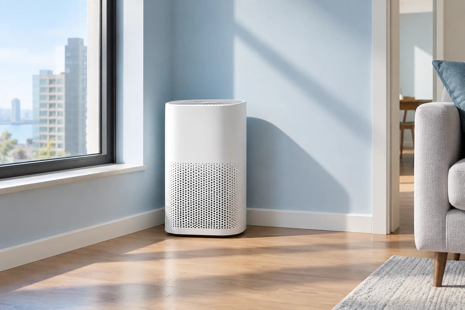 Illustration of a white air purifier beside a window in a pale-blue sunlit apartment