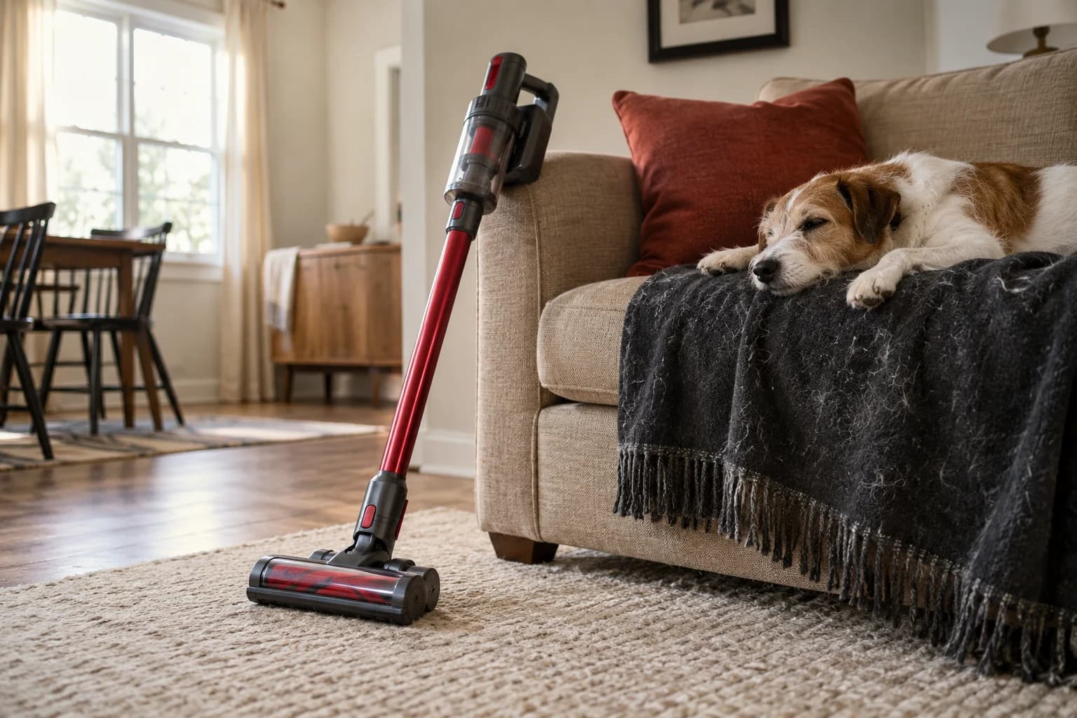 Illustration of a red-gray cordless vacuum beside a tan sofa and a sleeping dog on a hairy throw