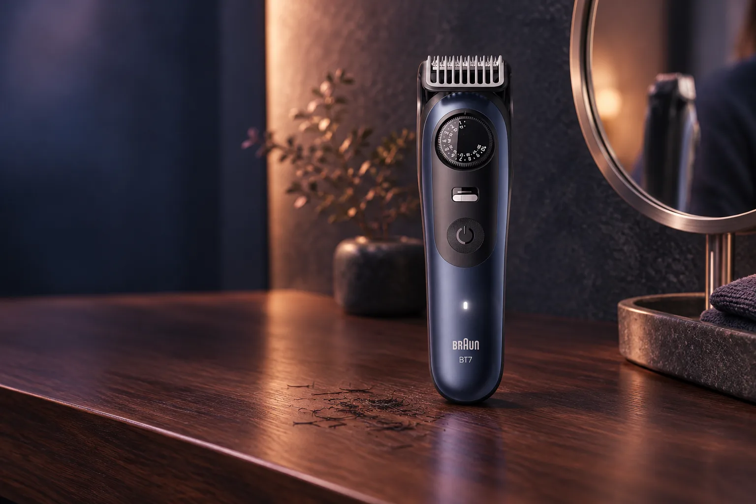 Illustration for the guide "Best beard trimmer for stubble": Braun Beard Series 7 BT7540 in a grooming scene at dusk in navy, lavender and rose.