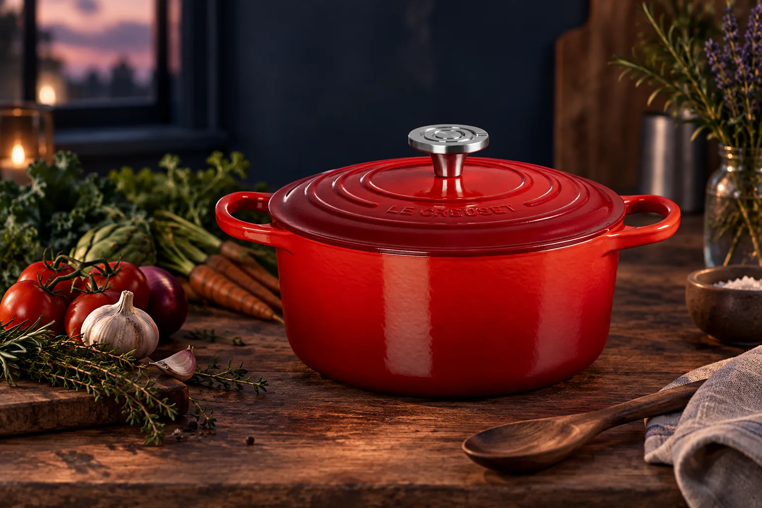 Illustration for the guide "The best dutch oven": Le Creuset 4.5 qt. Signature Round Dutch Oven - Cerise in a kitchen scene at dusk in navy, lavender and rose.