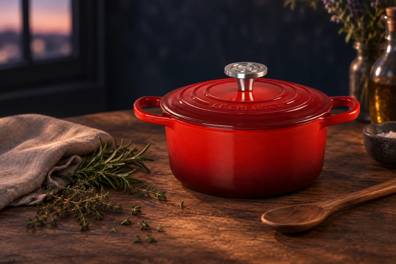 Illustration for the guide "Best dutch oven for 2 people": Le Creuset 2-Quart Round Dutch Oven in a kitchen scene at dusk in navy, lavender and rose.
