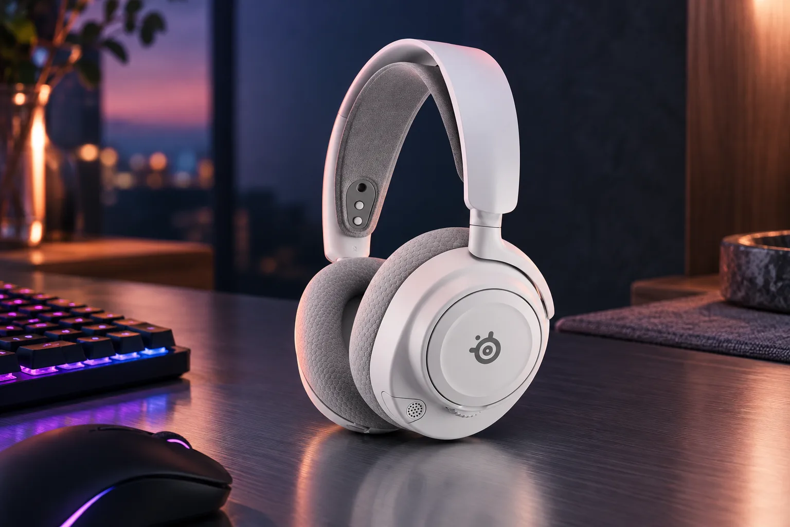 Illustration for the guide "Best gaming headsets for League of Legends players": SteelSeries Arctis Nova 7 Wireless Gen 2 in a tech scene at dusk in navy, lavender and rose.