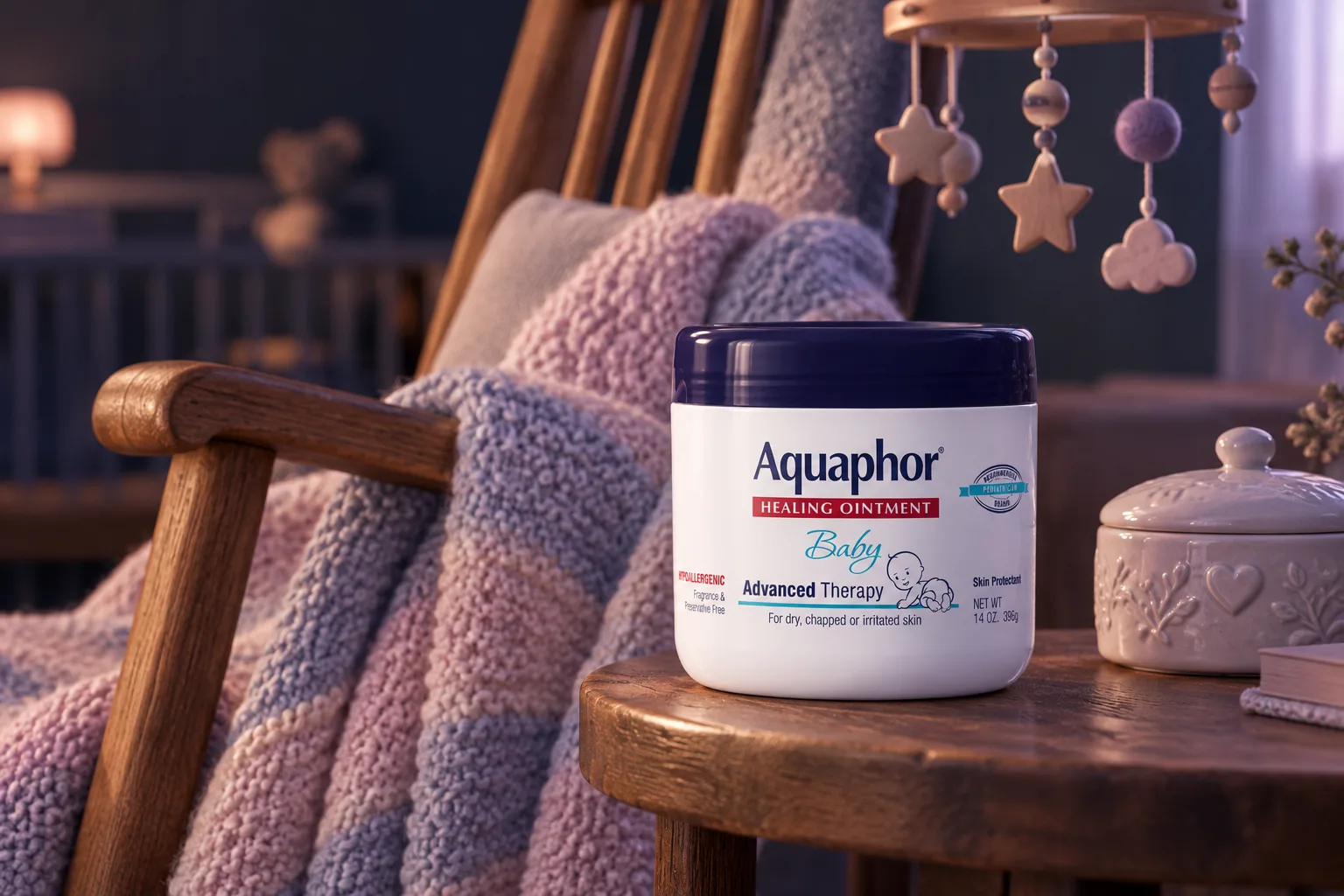 Illustration for the guide "Best Gift for Someone Who Just Had a Baby": Aquaphor Baby Healing Ointment (14 oz.) in a gifts scene at dusk in navy, lavender and rose.
