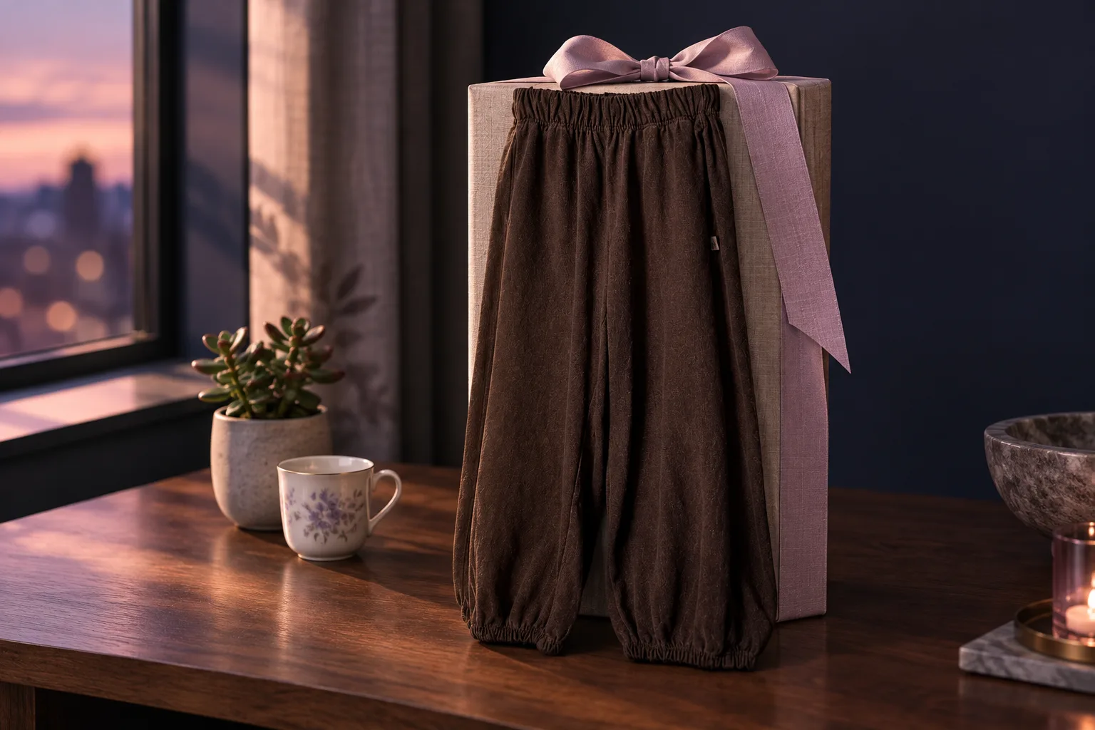 Illustration for the guide "Best Gift for Sister": Le Bon Shoppe Balloon Pants in a gifts scene at dusk in navy, lavender and rose.