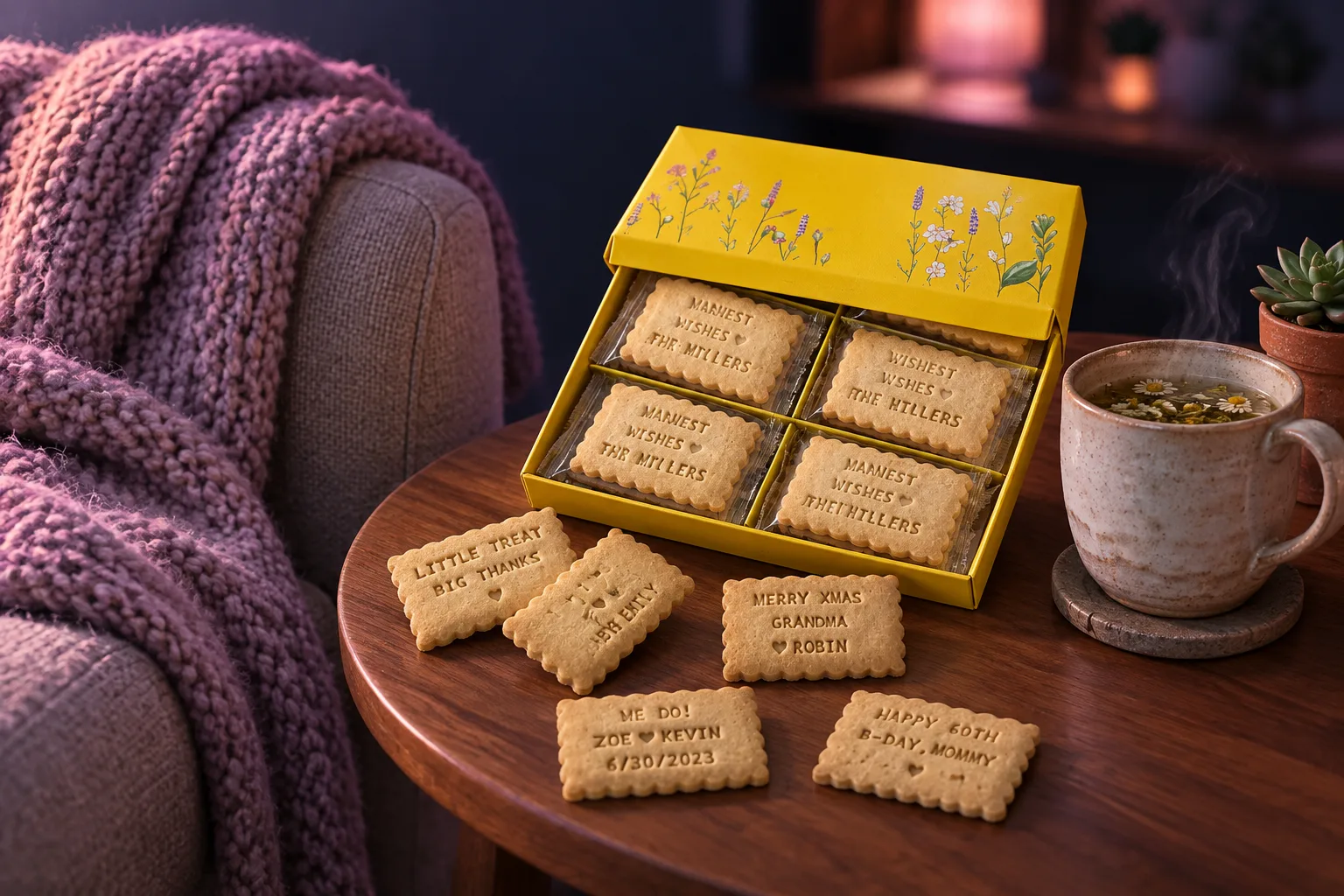 Illustration for the guide "Best Gifts You Didn't Know You Needed": Custom Message Shortbread Cookies in a gifts scene at dusk in navy, lavender and rose.