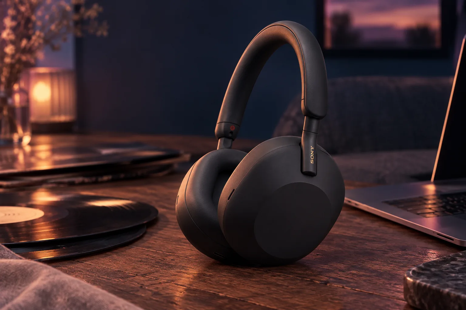 Illustration for the guide "Best headphones for music": Sony WH-1000XM5 in a tech scene at dusk in navy, lavender and rose.