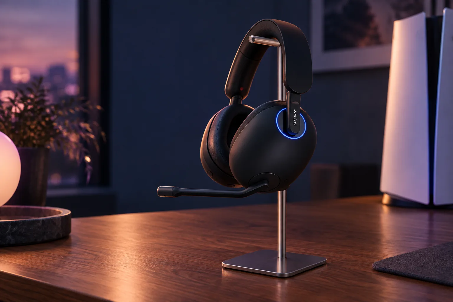 Illustration for the guide "Best headphones for ps5": Sony INZONE H9 in a tech scene at dusk in navy, lavender and rose.