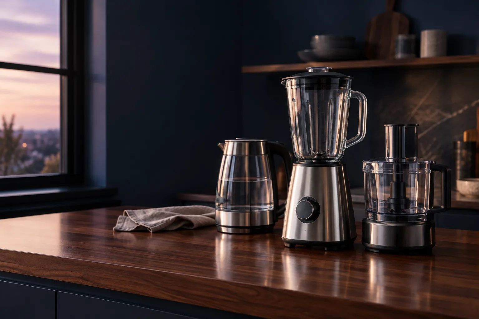 Illustration for the guide "Best home appliances for gift": a gifts scene at dusk in navy, lavender and rose.