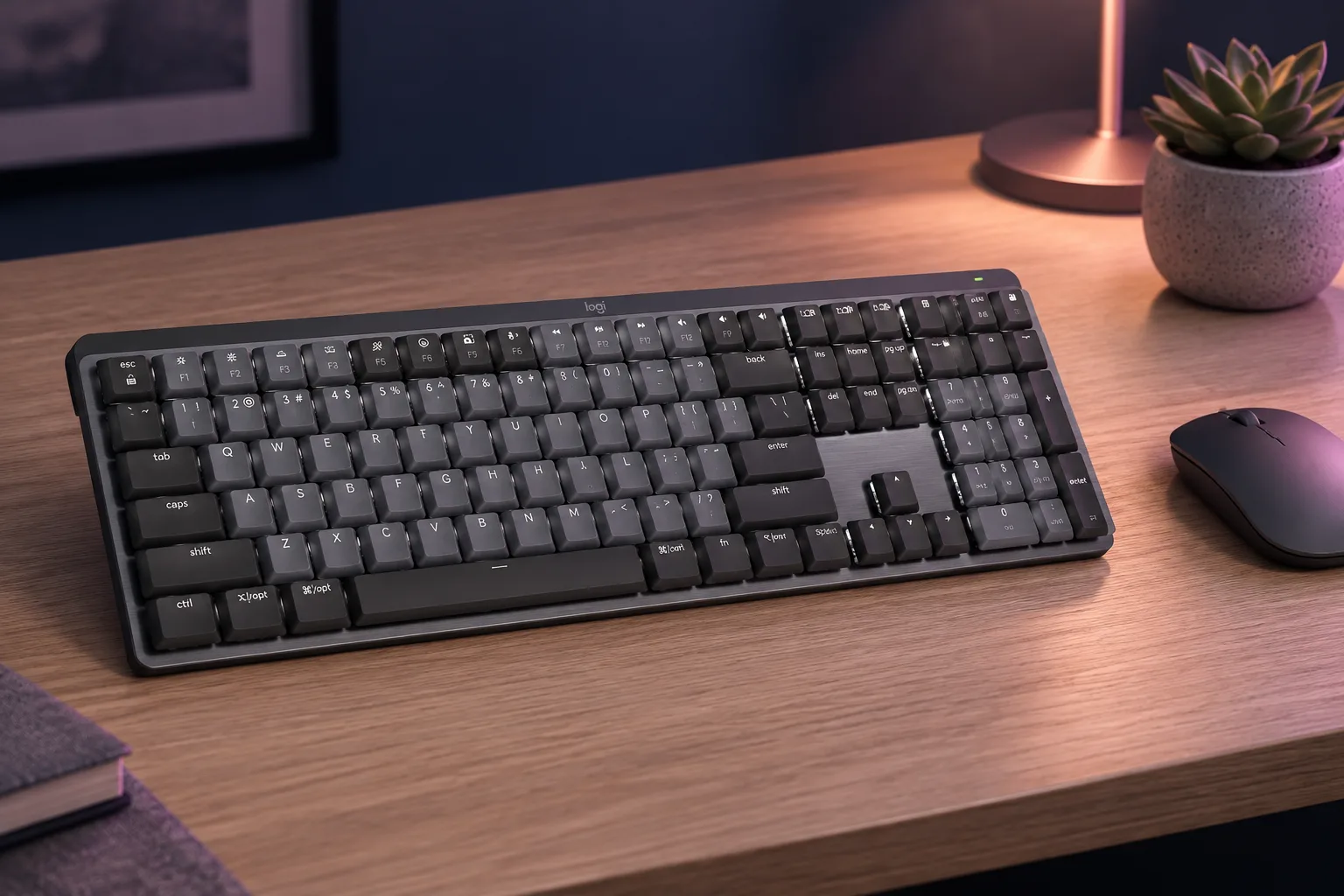 Illustration for the guide "Best Keyboard for Work": Logitech MX Mechanical in a office scene at dusk in navy, lavender and rose.