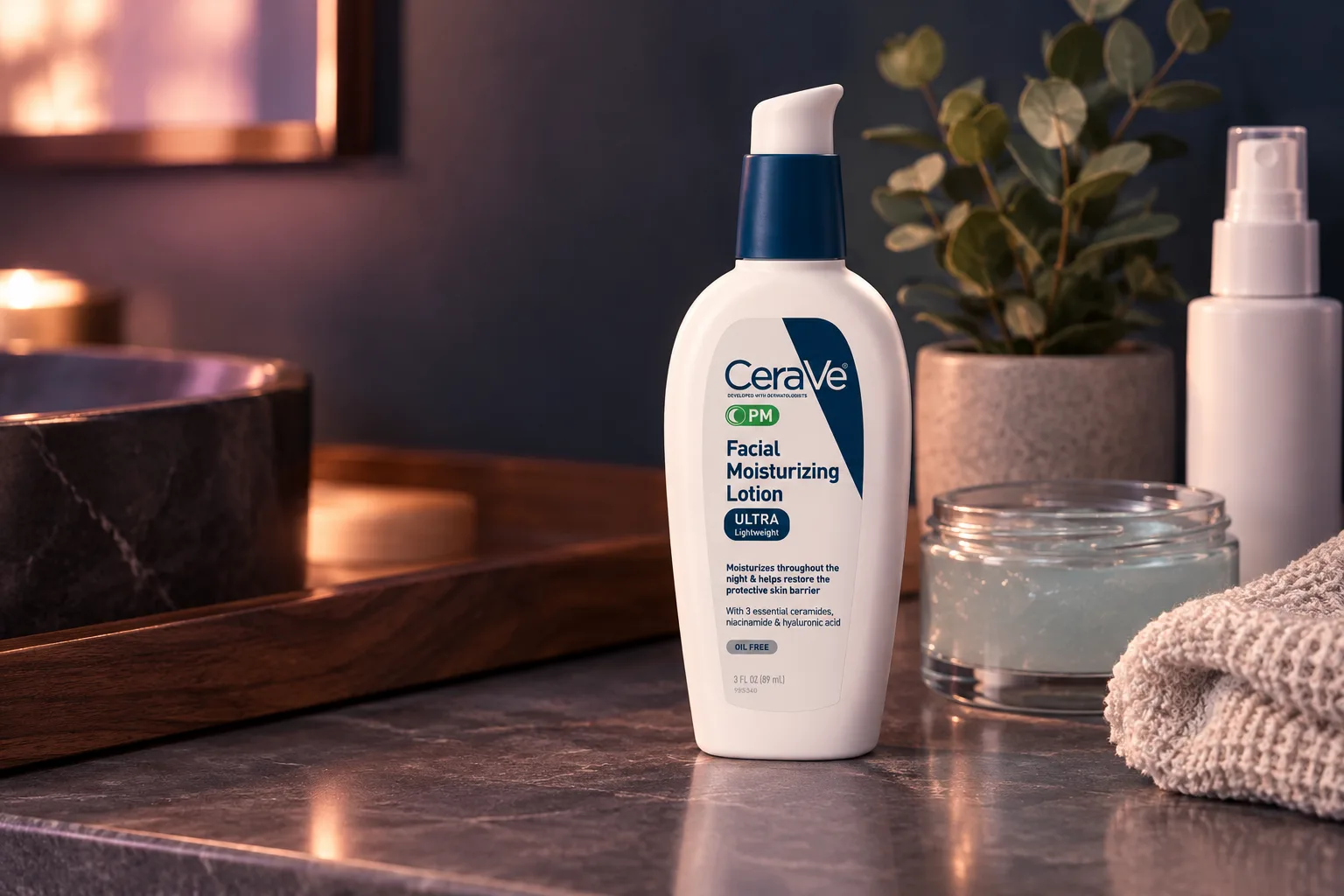 Illustration for the guide "Best moisturizer for acne prone skin": CeraVe PM Facial Moisturizing Lotion in a skincare scene at dusk in navy, lavender and rose.