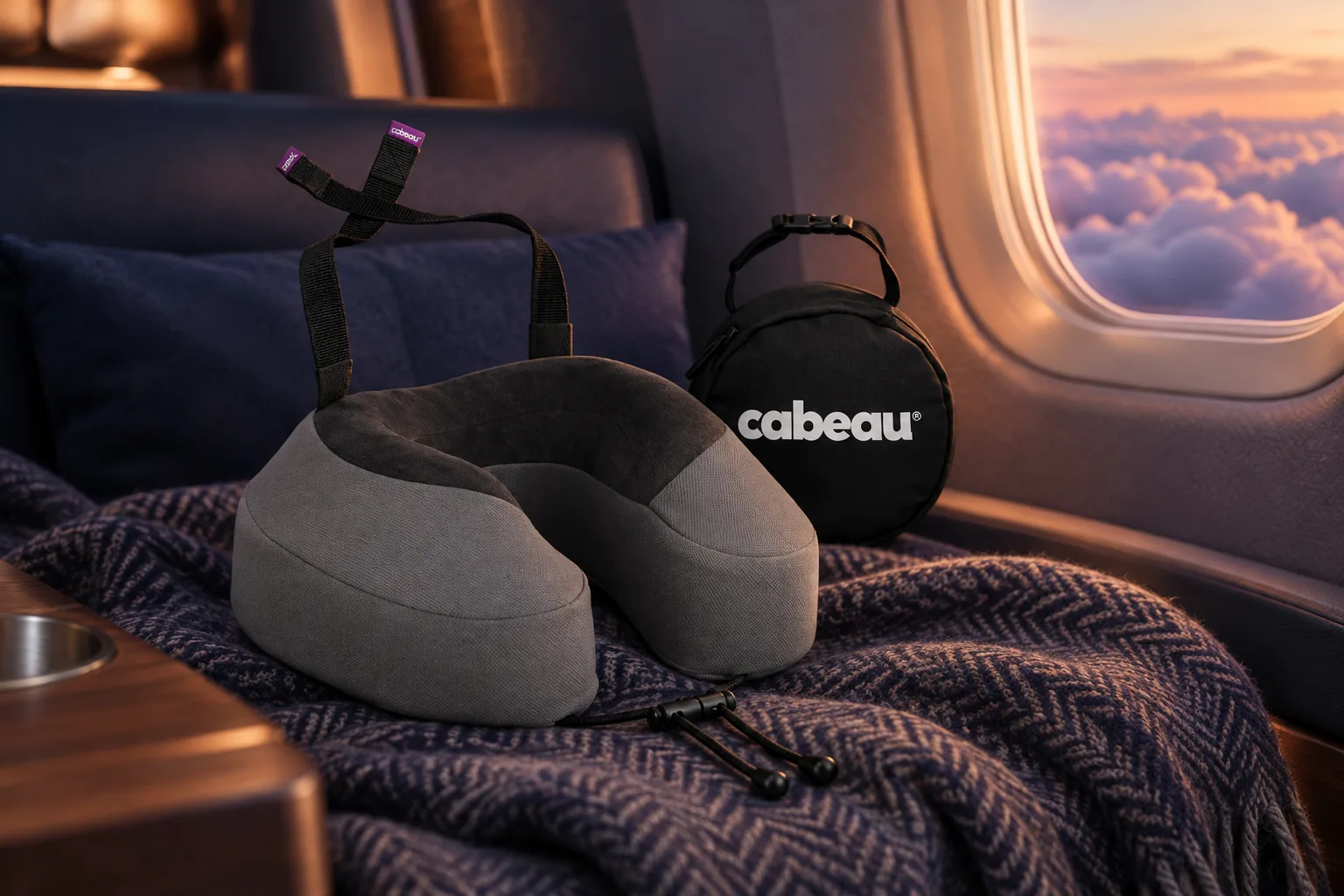 Illustration for the guide "Best neck pillow long flight": Cabeau Evolution S3 Neck Pillow in a travel scene at dusk in navy, lavender and rose.