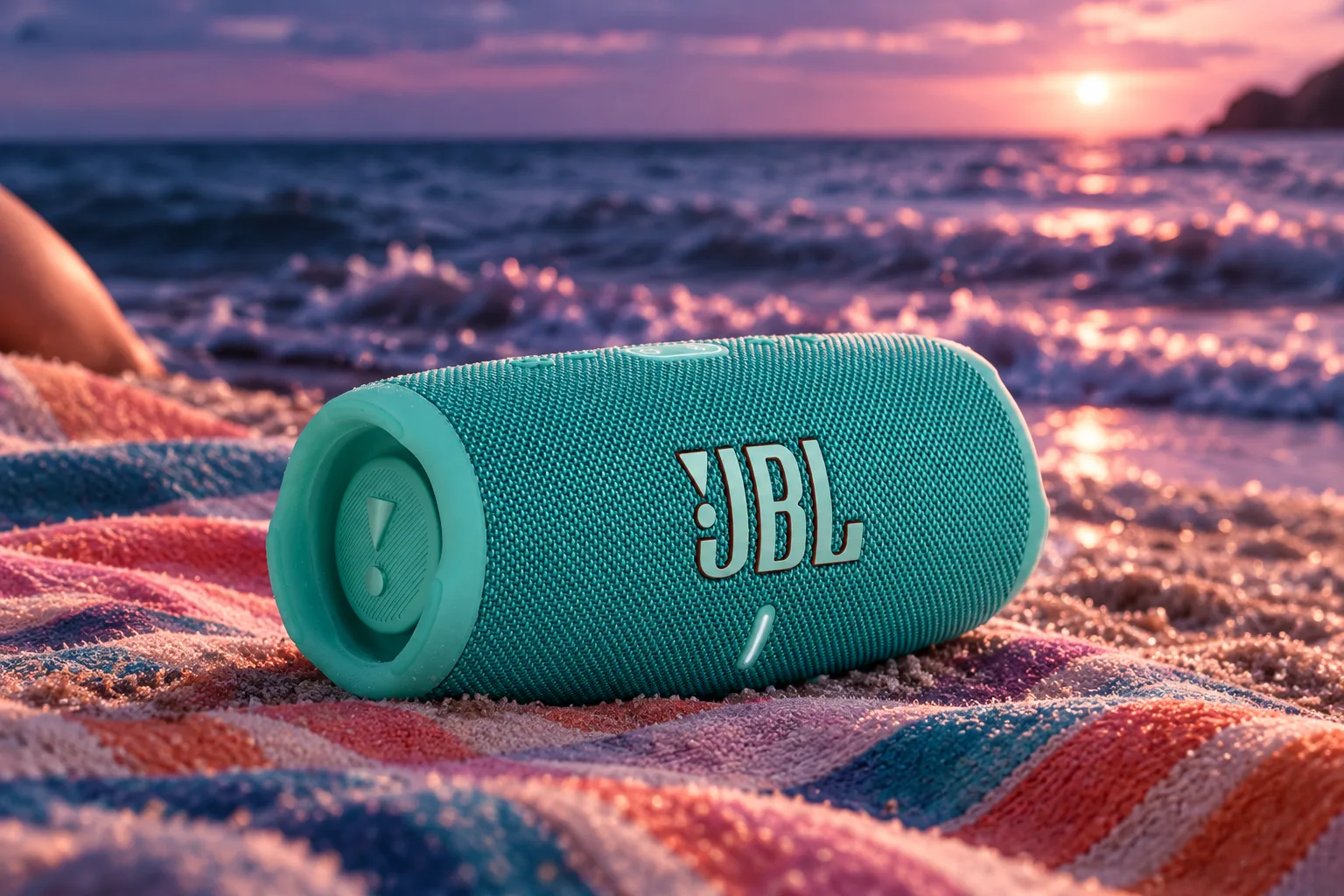Illustration for the guide "Best Portable Speaker for the Beach": JBL Charge 5 in a tech scene at dusk in navy, lavender and rose.