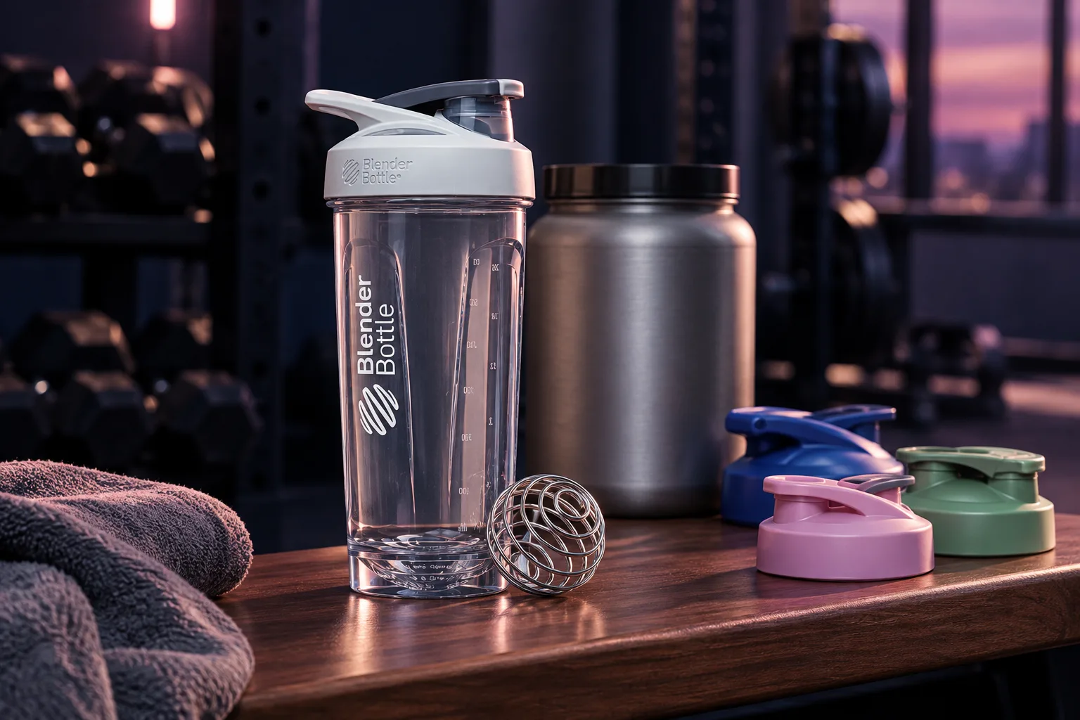 Illustration for the guide "Best Protein Shaker Bottle for the Gym": BlenderBottle Sport Tritan Shaker Bottle in a fitness scene at dusk in navy, lavender and rose.