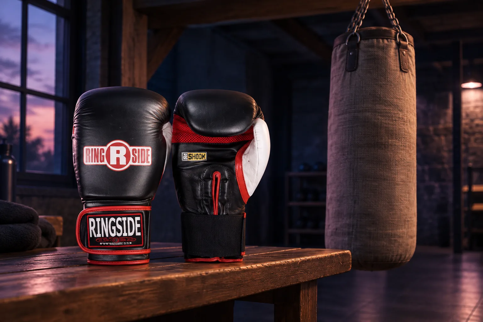 Illustration for the guide "Best Punching Bag Gloves for Home Training": Ringside Gel Shock™ Boxing Super Bag Gloves in a style scene at dusk in navy, lavender and rose.
