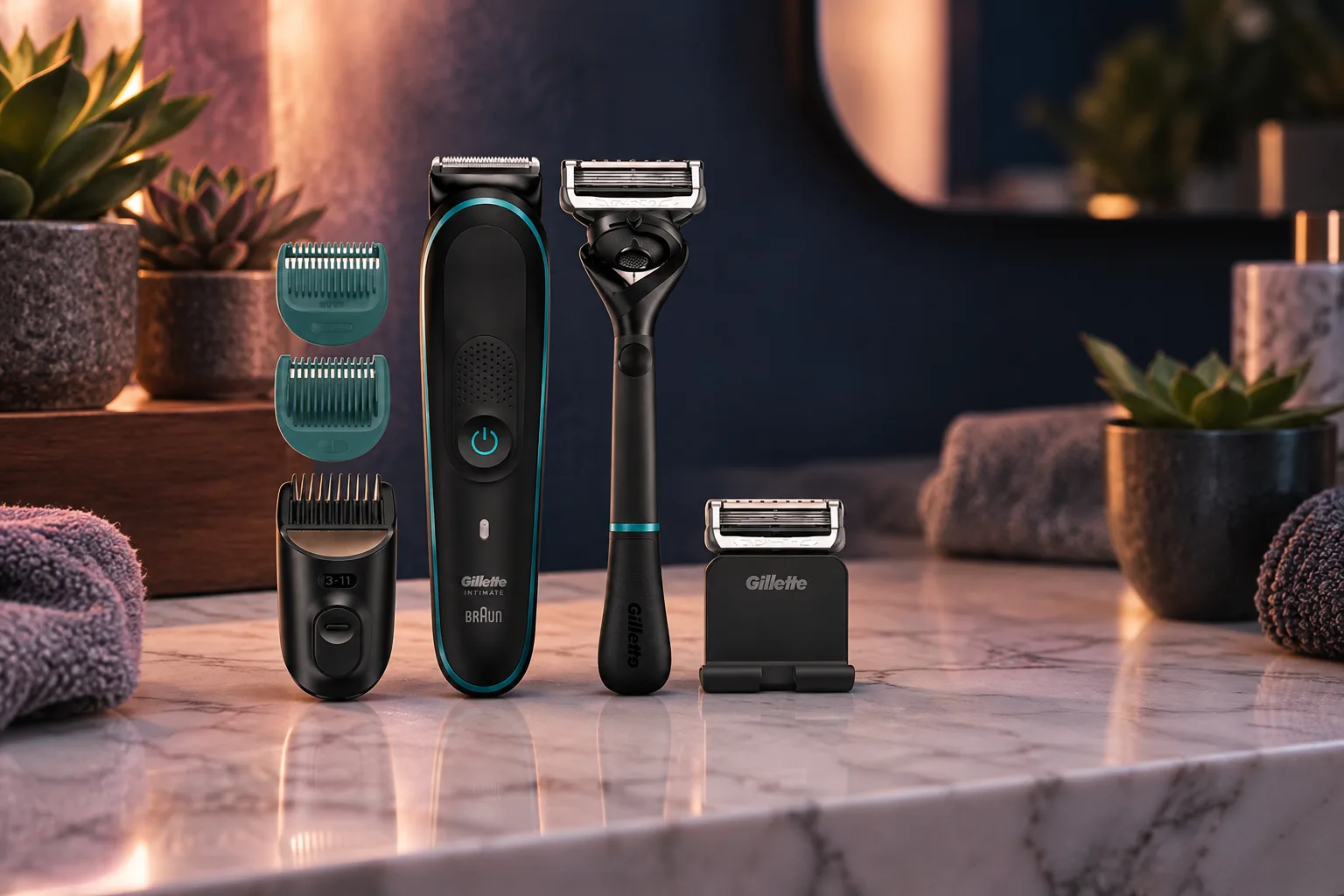 Illustration for the guide "Best razor for pubic hair women": Gillette Intimate Razor in a grooming scene at dusk in navy, lavender and rose.