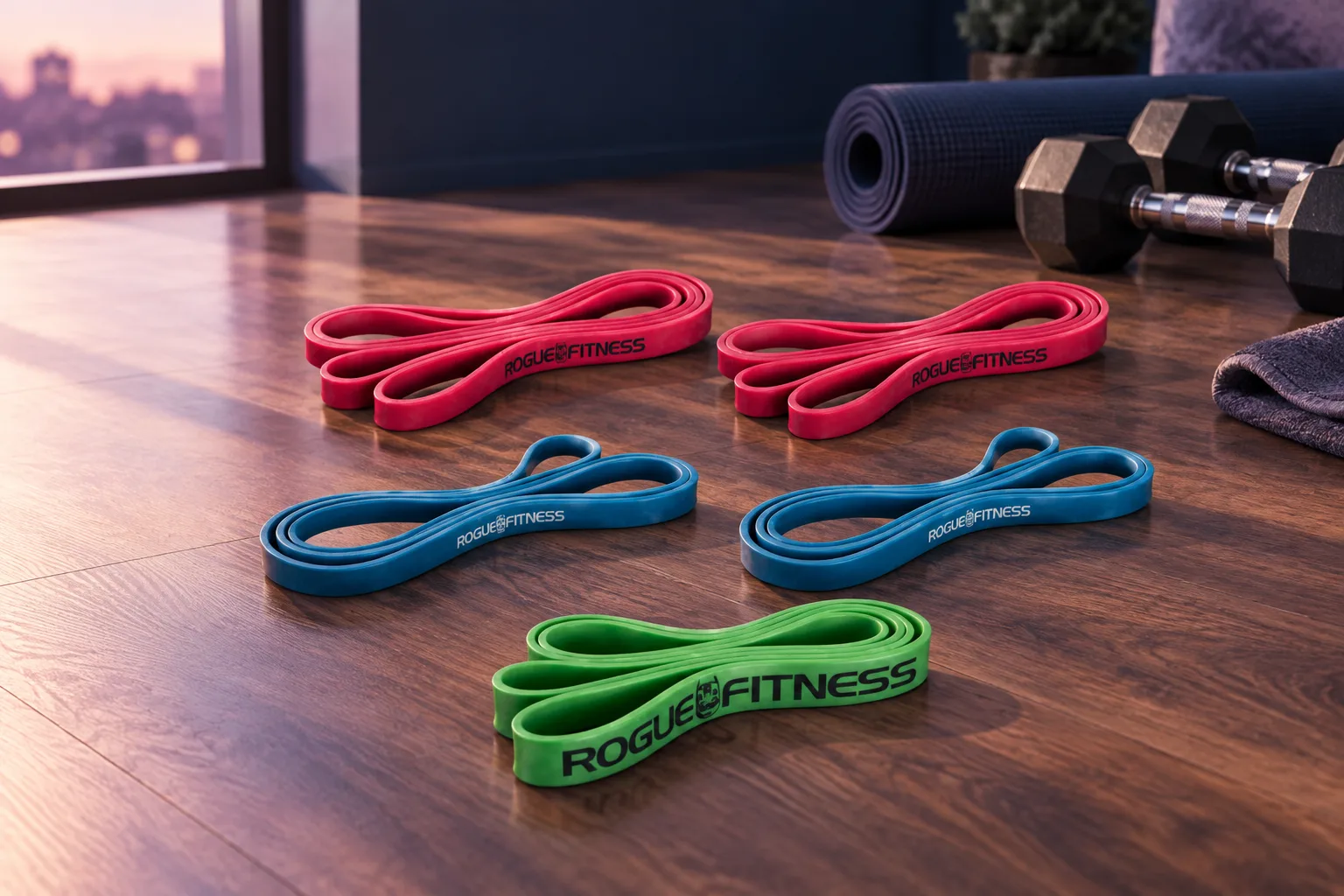Illustration for the guide "Best Resistance Bands in the UK": Rogue Monster Bands in a fitness scene at dusk in navy, lavender and rose.