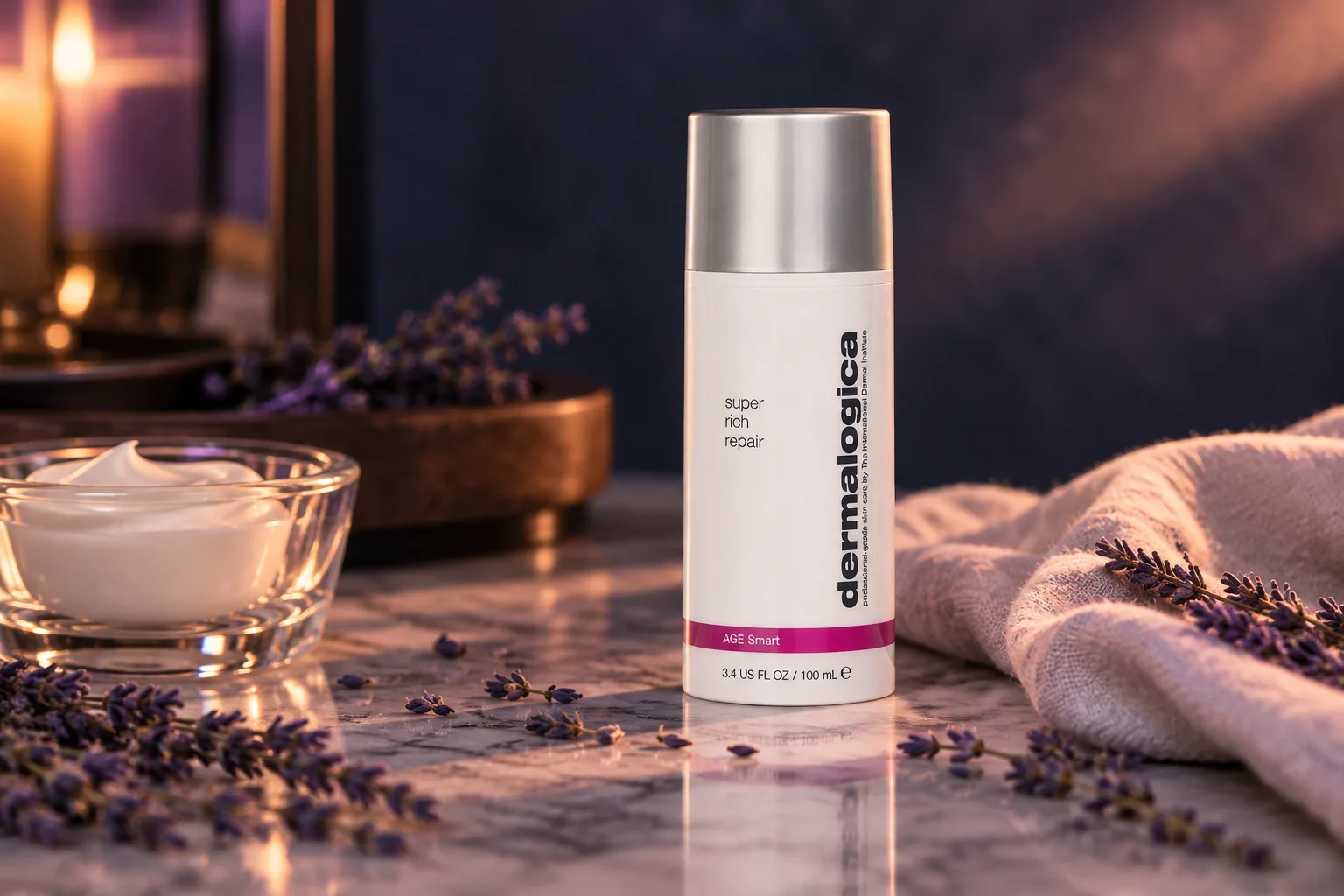 Illustration for the guide "Best rich moisturizer for mature skin": Dermalogica Super Rich Repair Moisturizer in a skincare scene at dusk in navy, lavender and rose.