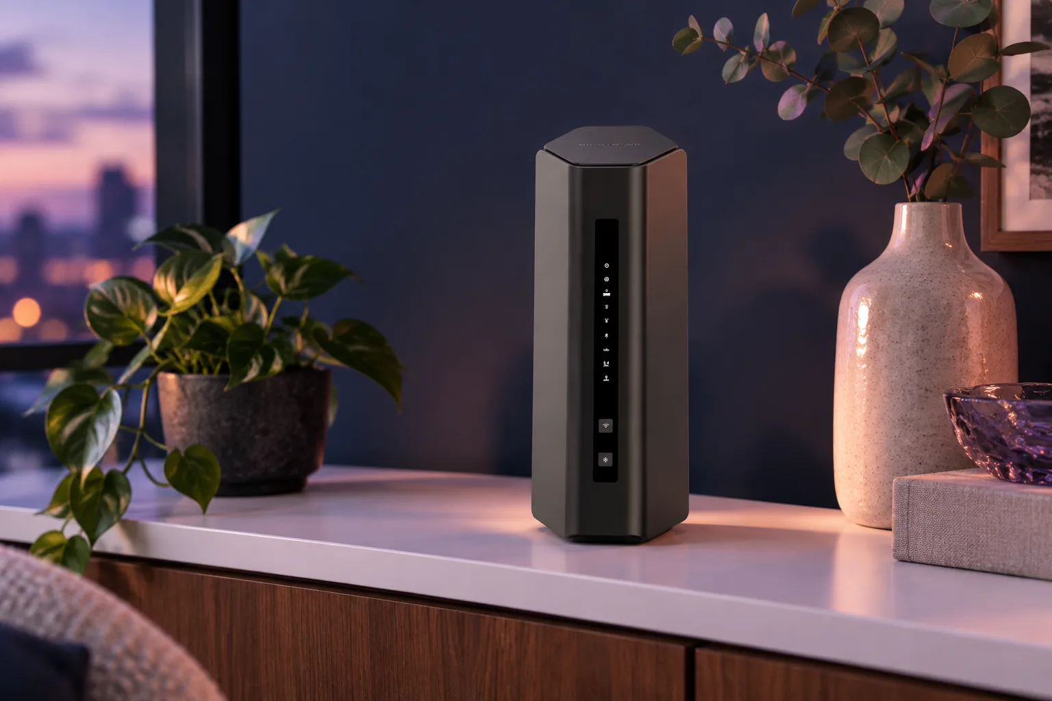 Illustration for the guide "Best Router for a Small Apartment": NETGEAR Nighthawk RS200 in a tech scene at dusk in navy, lavender and rose.