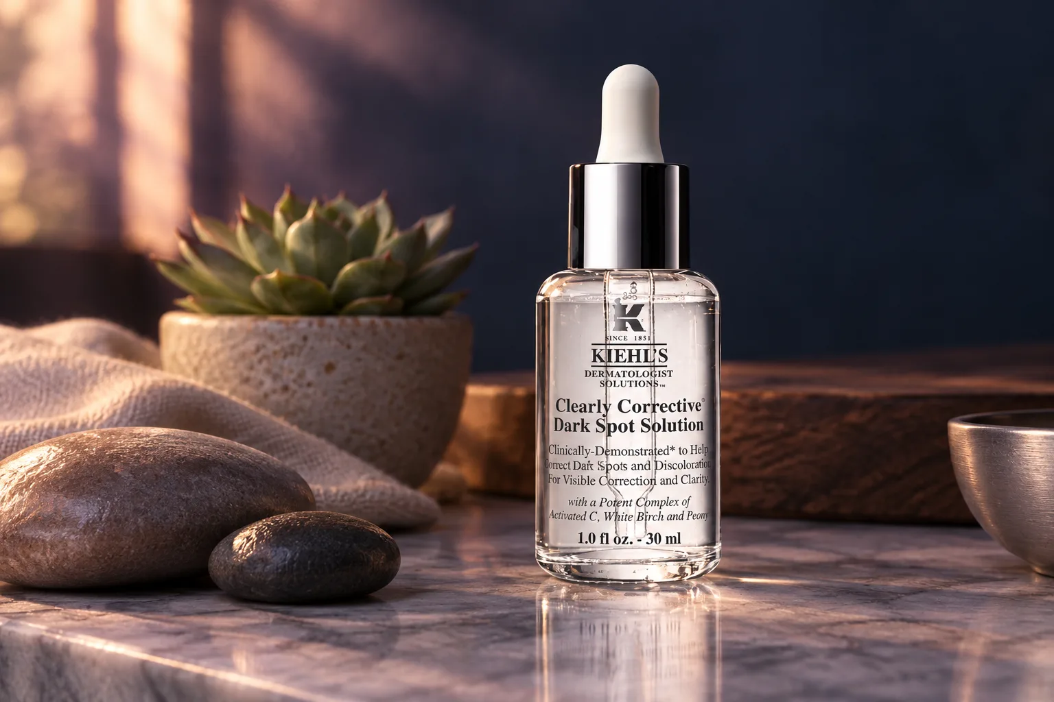 Illustration for the guide "Best serum for dark spots": Kiehl's Clearly Corrective Dark Spot Serum in a skincare scene at dusk in navy, lavender and rose.