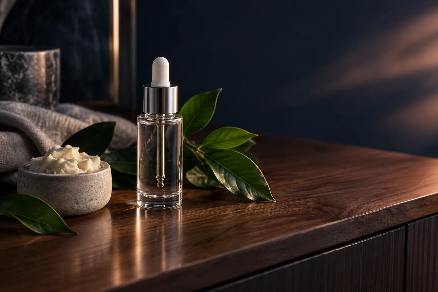 Illustration for the guide "Best serum for hair growth and thickness": a skincare scene at dusk in navy, lavender and rose.