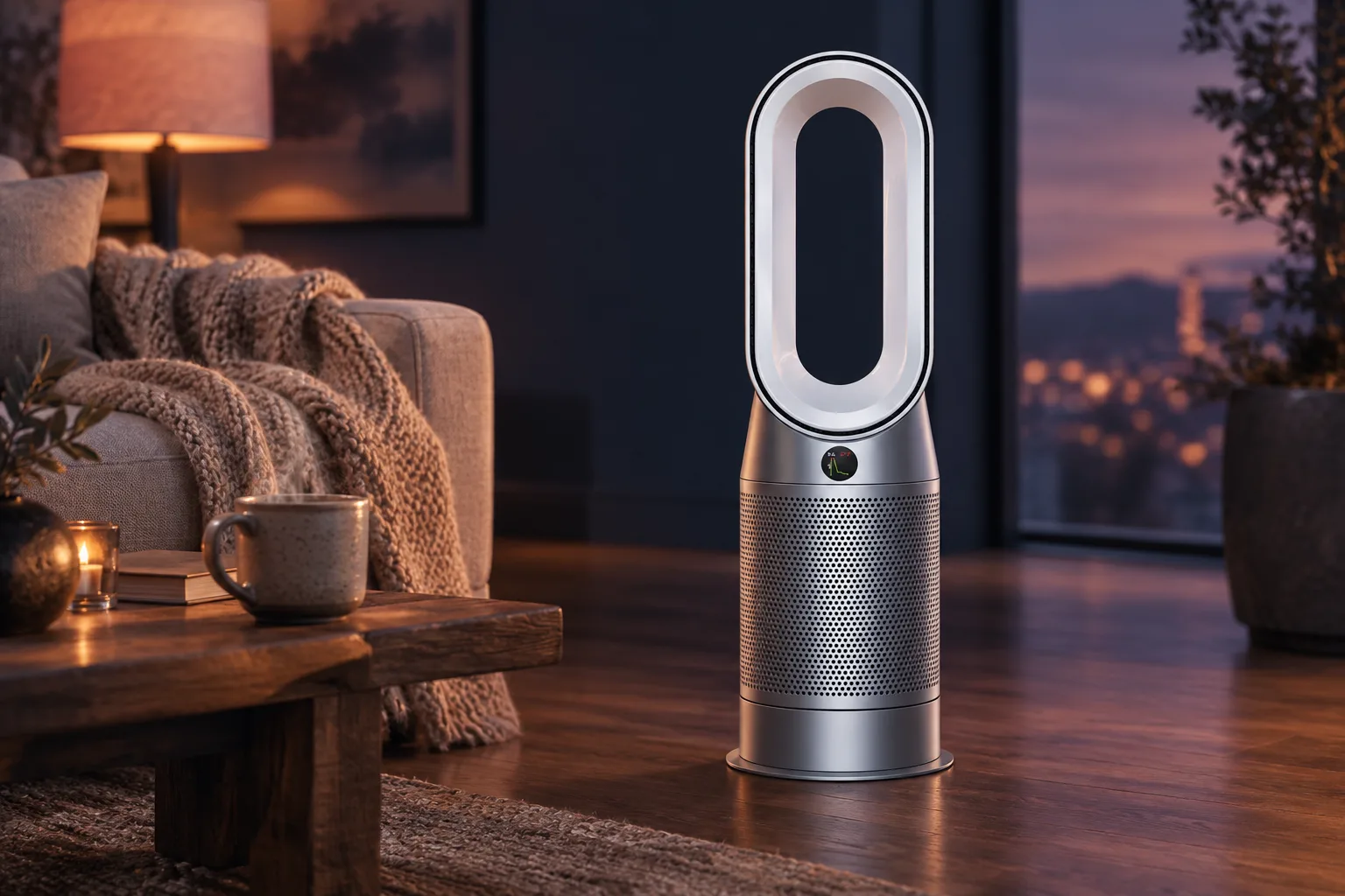 Illustration for the guide "Best space heater that blows hot air": Dyson Purifier Hot+Cool™ HP07 in a home scene at dusk in navy, lavender and rose.