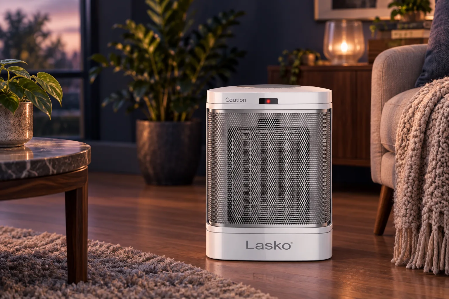 Illustration for the guide "Best space heater that is safe": Lasko 8" Bathroom Ceramic Space Heater in a home scene at dusk in navy, lavender and rose.