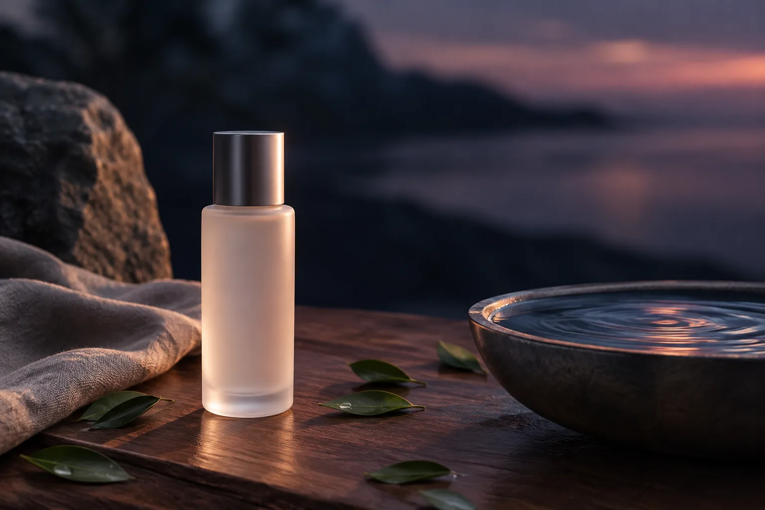 Illustration for the guide "Best sunscreen for sensitive skin": a skincare scene at dusk in navy, lavender and rose.